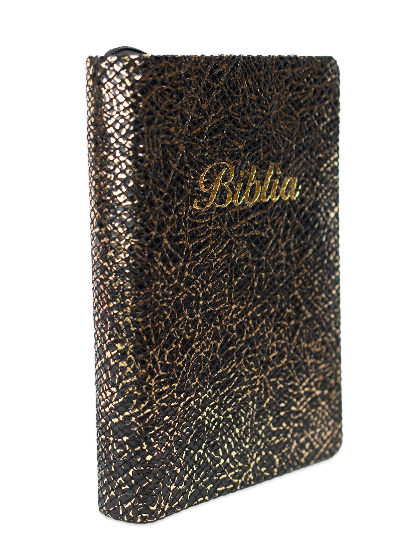 Biblia marime medie, culoare negru/auriu texturat, piele, fermoar, margini aurii, index, cuv. lui Isus cu rosu [MAR 057 PFI]