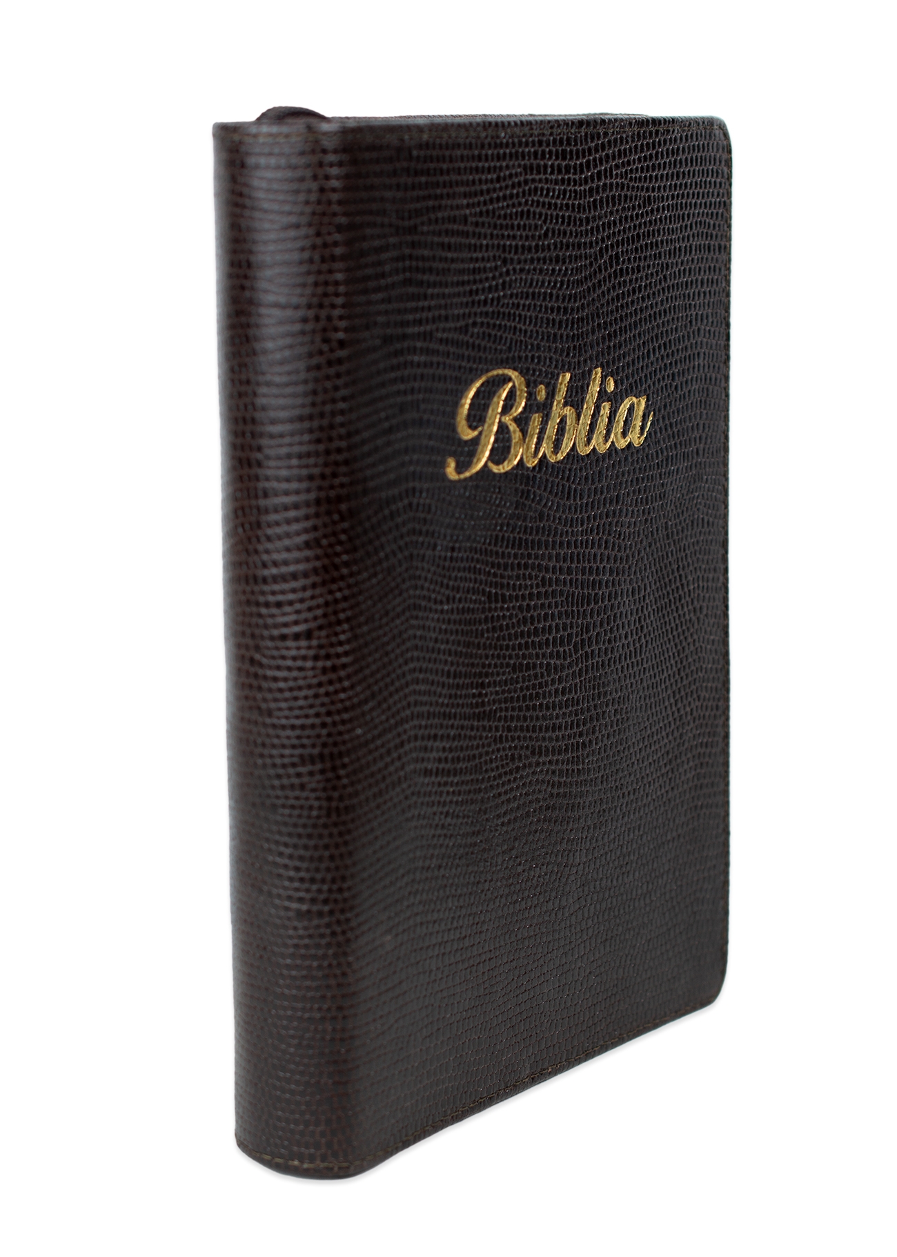 Biblia marime medie, culoare, maro închis texturat, piele, fermoar, margini aurii, index, cuv. lui Isus cu rosu [MAR 057 PFI]