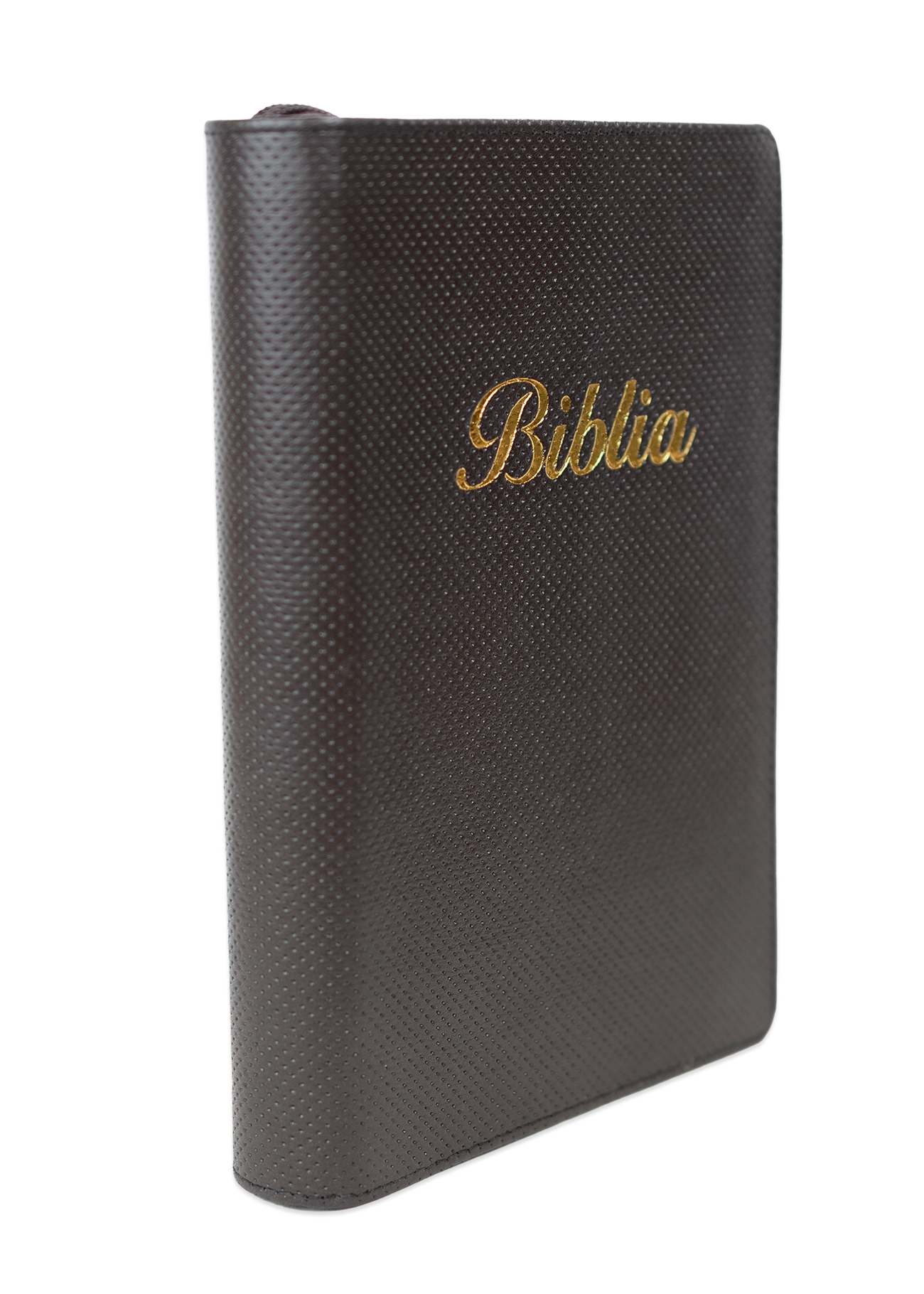 Biblia marime medie, culoare, maro închis texturat, piele, fermoar, margini aurii, index, cuv. lui Isus cu rosu [MAR 057 PFI]