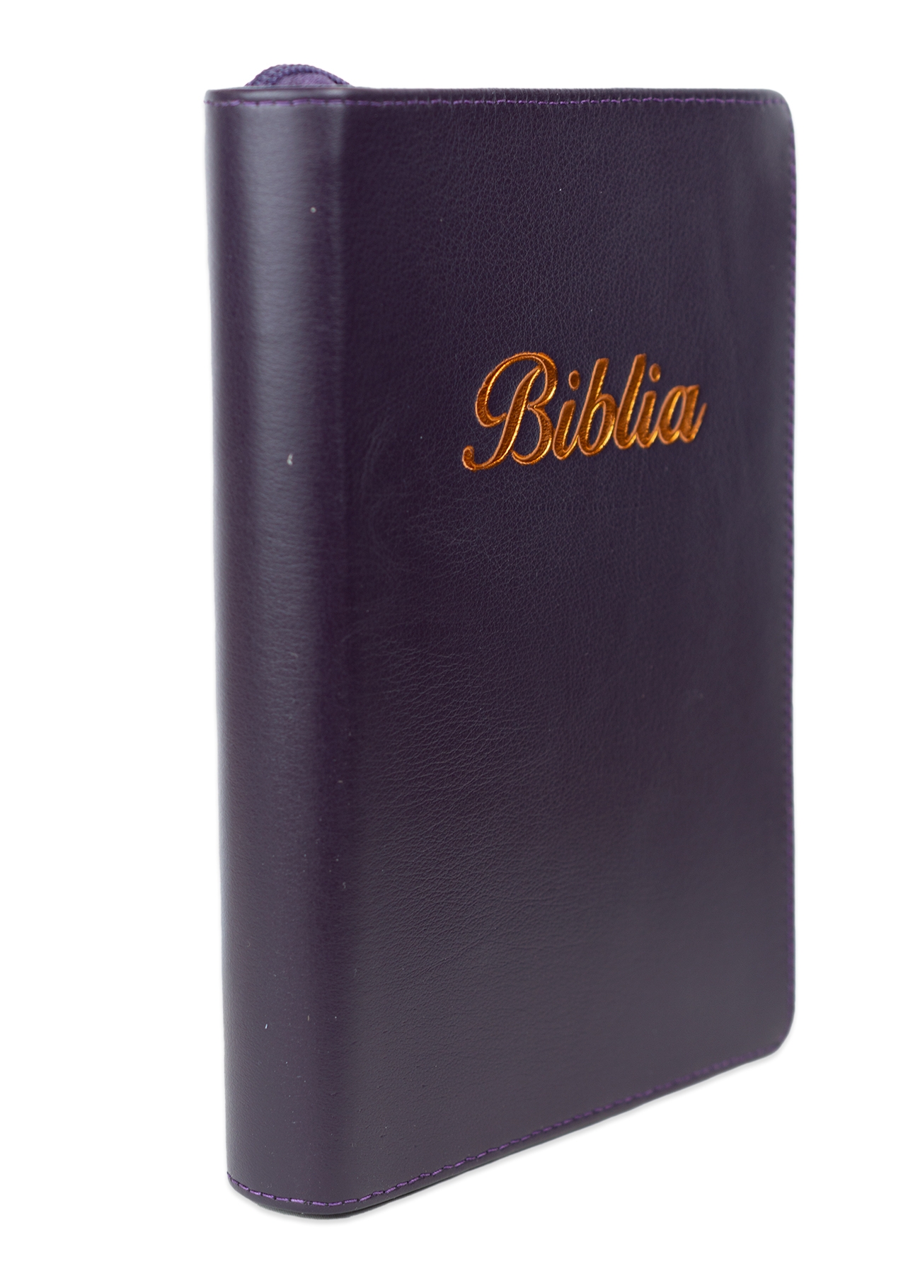 Biblia marime medie, culoare mov inchis, piele, fermoar, margini aurii, index, cuv. lui Isus cu rosu [MAR 057 PFI]