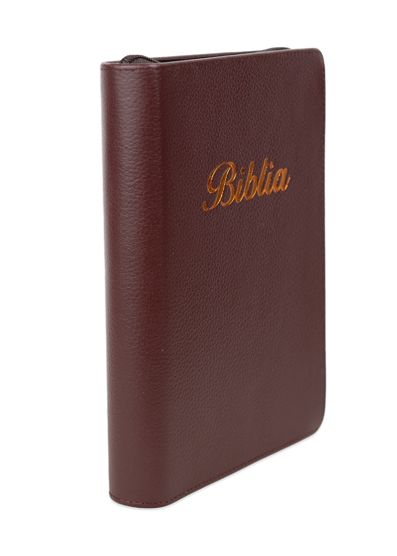 Biblia marime medie, visiniu, piele, fermoar, margini aurii, index, cuv. lui Isus cu rosu + pix [MAR 057 PFI]