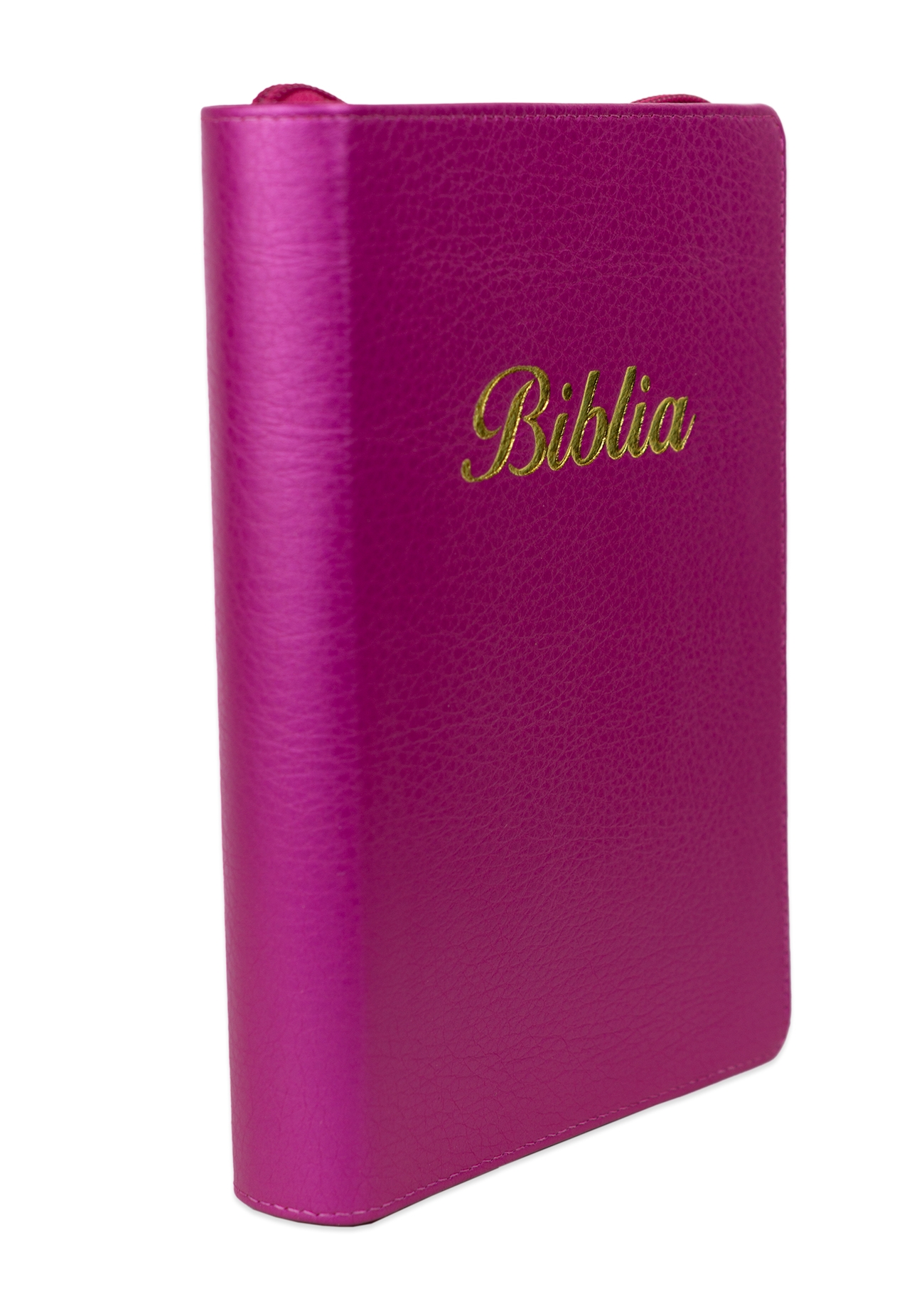 Biblia marime medie, culoare roz, piele, fermoar, margini aurii, index, cuv. lui Isus cu rosu [MAR 057 PFI]