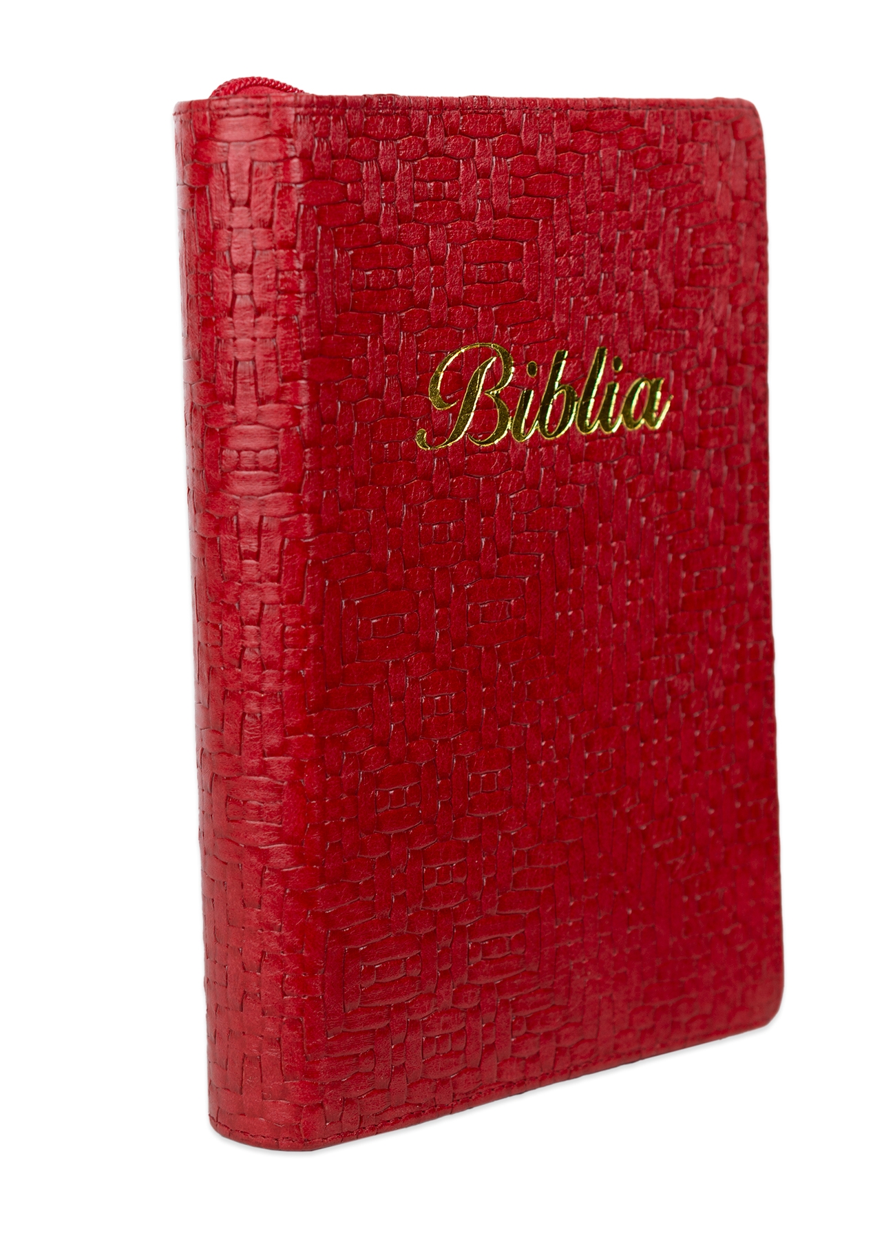 Biblia marime medie, rosu texturat, piele, fermoar, margini aurii, index, cuv. lui Isus cu rosu + pix [MAR 057 PFI]