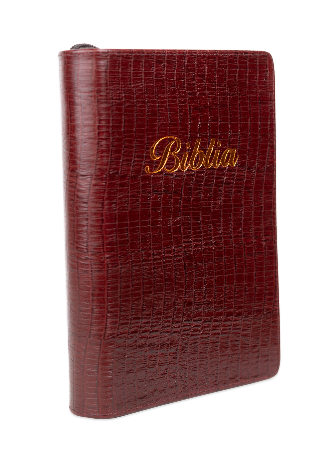 Biblia marime medie, visiniu texturat, piele, fermoar, margini aurii, index, cuv. lui Isus cu rosu + pix [MAR 057 PFI]