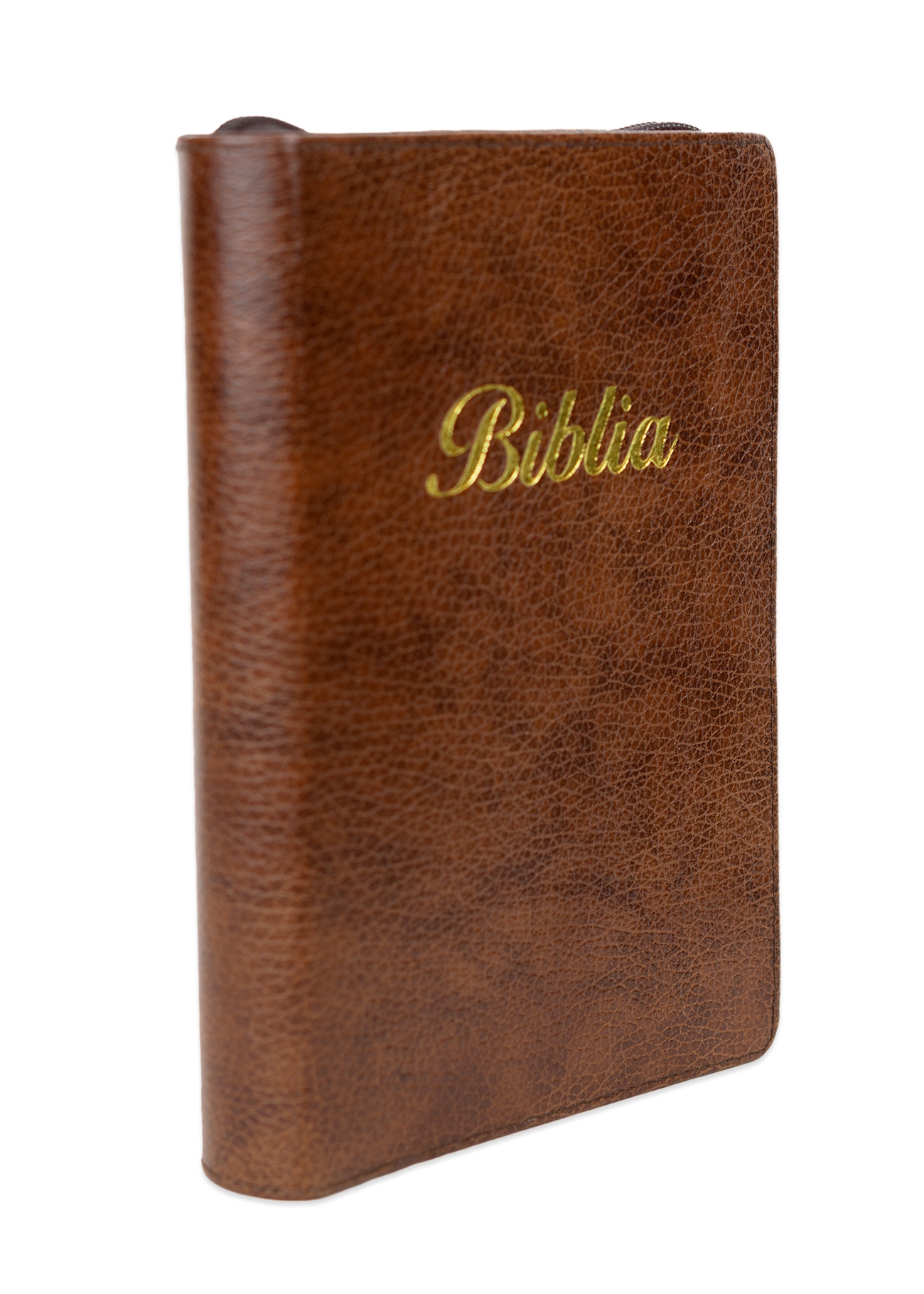 Biblia marime medie, culoare maro, piele, fermoar, margini aurii, index, cuv. lui Isus cu rosu [MAR 057 PFI]