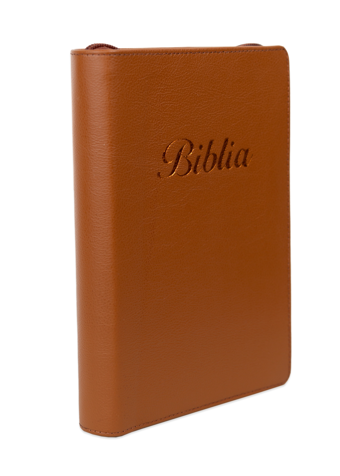 Biblia marime medie, culoare maro, piele, fermoar, margini aurii, index, cuv. lui Isus cu rosu [MAR 057 PFI]