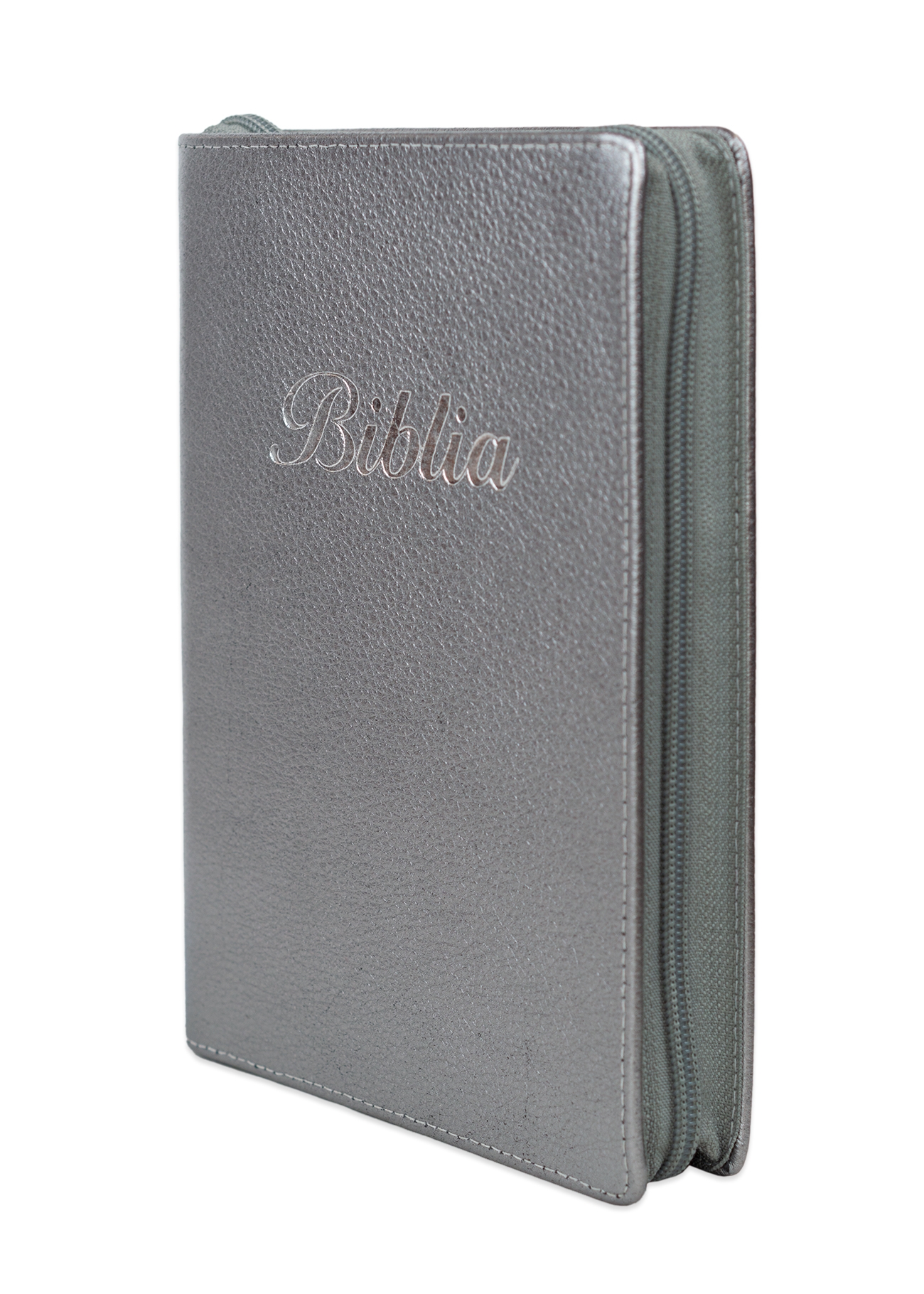 Biblia marime medie, culoare argintiu, piele, fermoar, margini aurii, index, cuv. lui Isus cu rosu + pix [MAR 057 PFI]