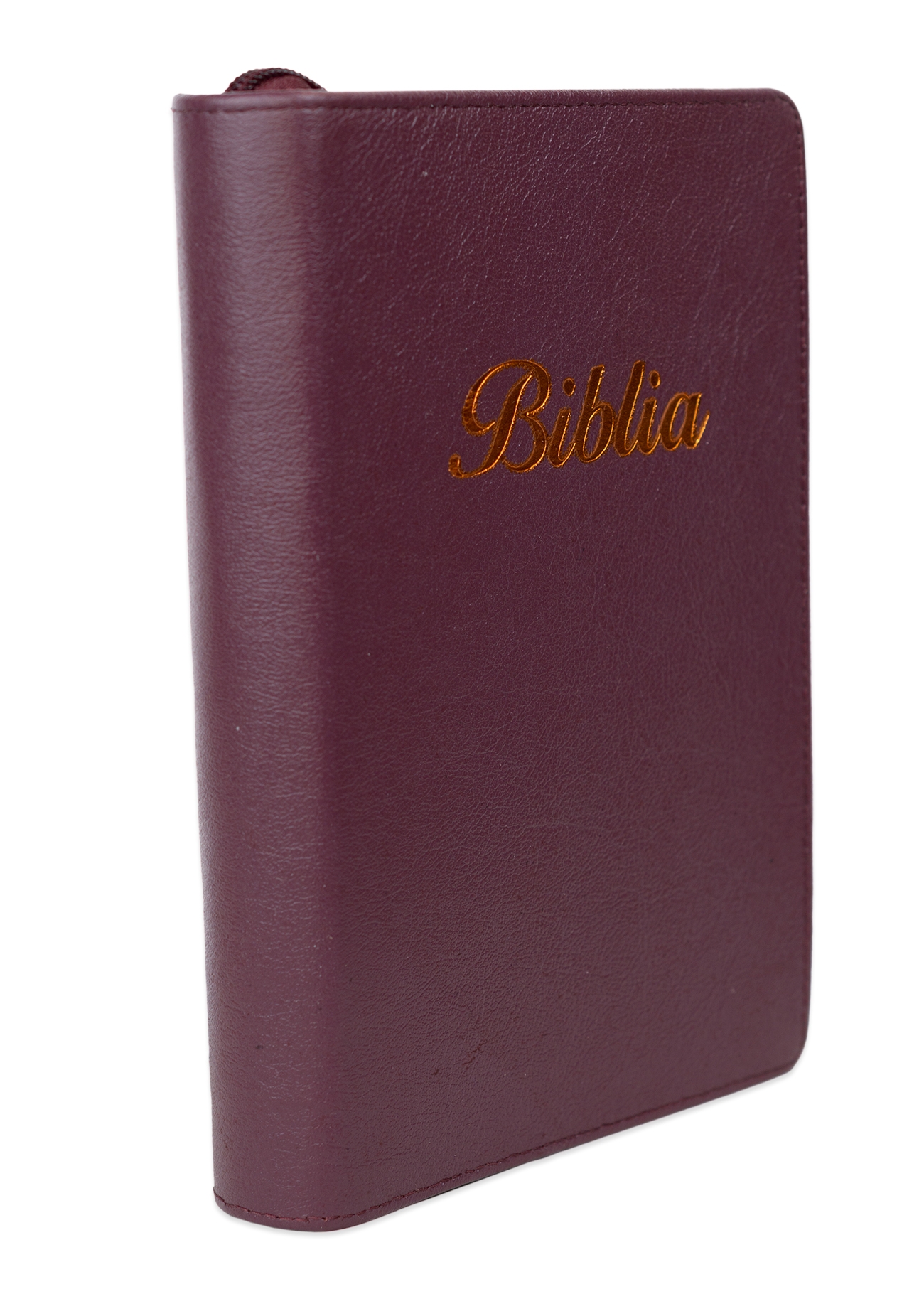 Biblia marime medie, visiniu, piele, fermoar, margini aurii, index, cuv. lui Isus cu rosu [MAR 057 PFI]