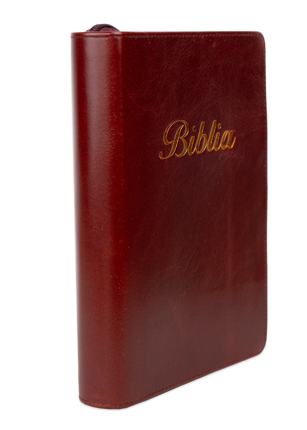Biblia marime mica, vișiniu închis, piele, fermoar, margini aurii, index, cuv. lui Isus cu rosu [047 PFI]