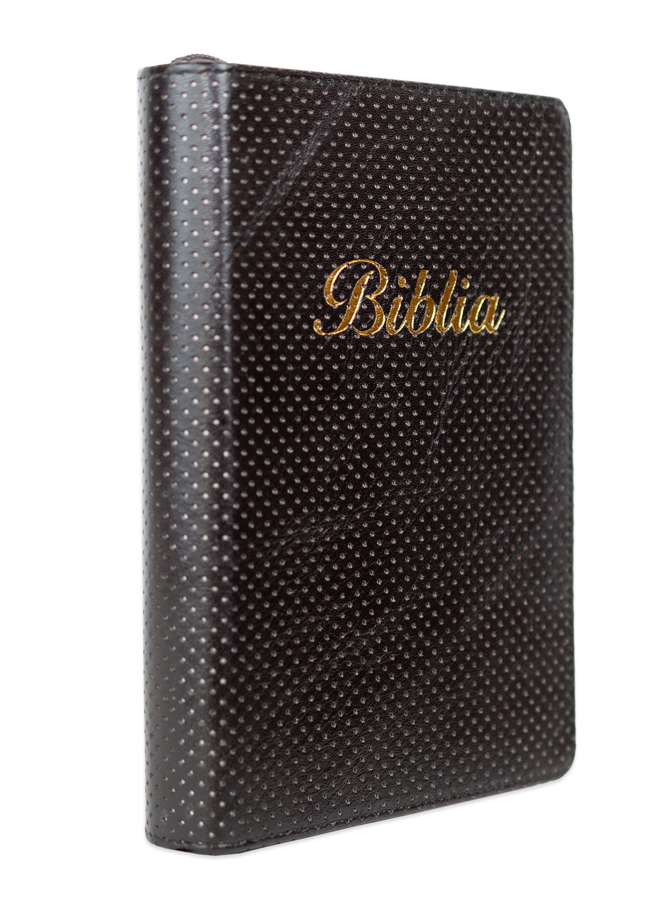 Biblia marime medie, culoare, maro închis texturat, piele, fermoar, margini aurii, index, cuv. lui Isus cu rosu [MAR 057 PFI]