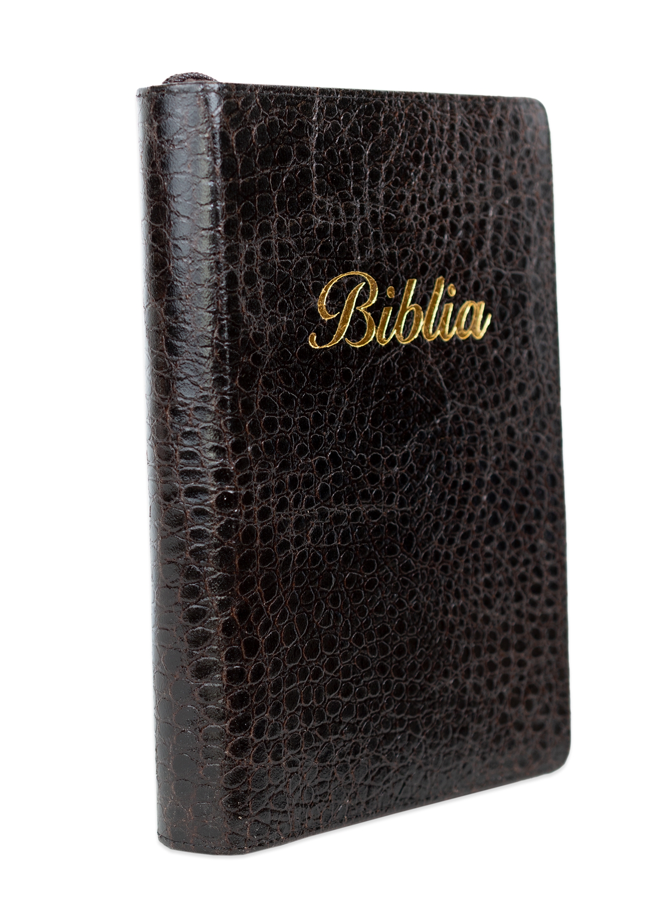 Biblia marime medie, culoare, maro închis texturat, piele, fermoar, margini aurii, index, cuv. lui Isus cu rosu [MAR 057 PFI]