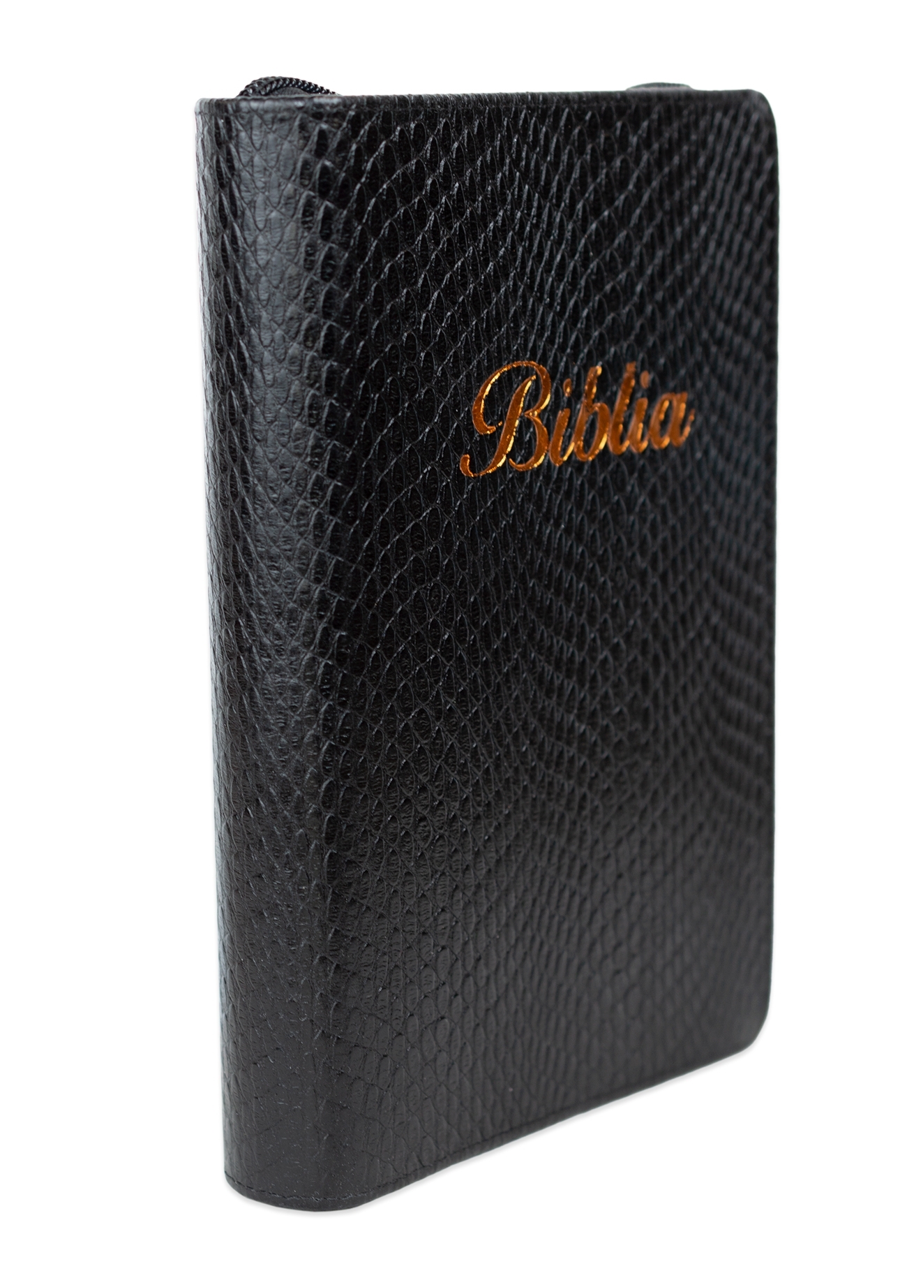 Biblie mare, piele, negru texturat, fermoar, index, margini argintii, cuv. Isus cu rosu + inel pentru pix [MAR 073 PFI]