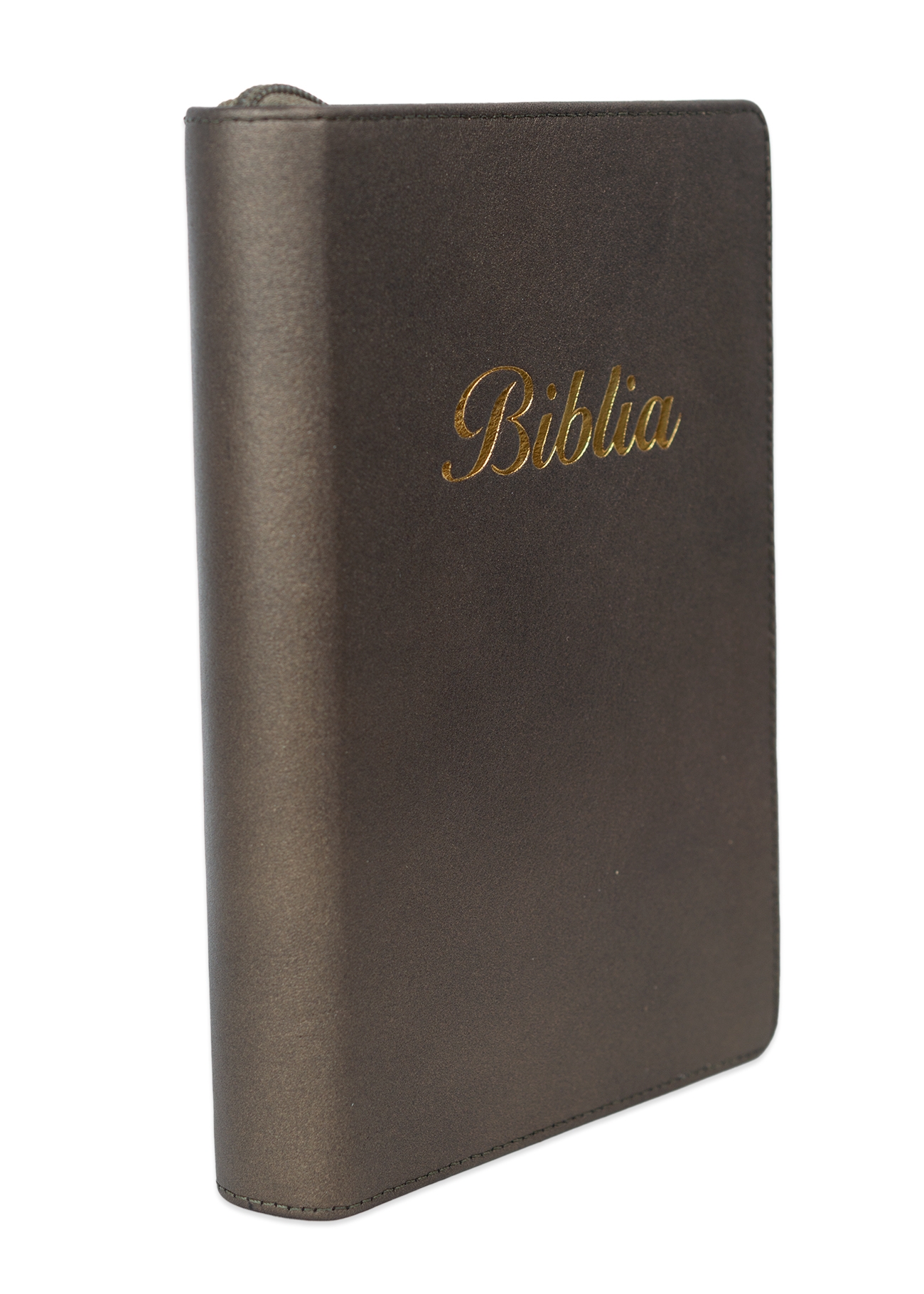 Biblia marime medie, culoare maro sidefat, piele, fermoar, margini aurii, index, cuv. lui Isus cu rosu [MAR 057 PFI]