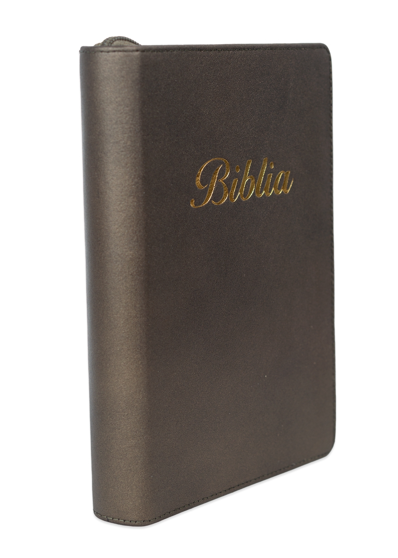 Biblie mare, piele, maro sidefat, fermoar, index, margini argintii, cuv. Isus cu rosu + inel pentru pix [MAR 073 PFI]