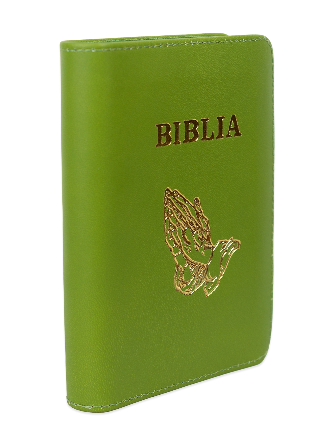 Biblia mica, coperta piele, verde oliv, index, fermoar, margini aurii, simbolul maini, cuv. lui Isus in rosu [047 PFI]