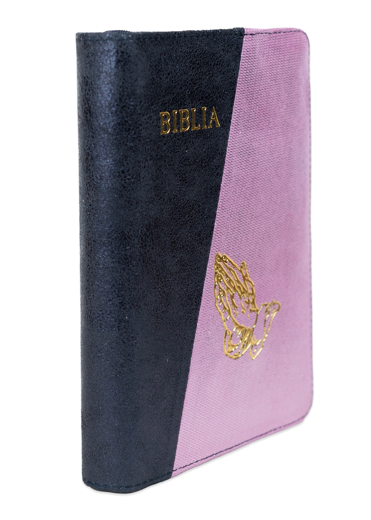 Biblie din piele, marime medie, culoare, bleumarin închis sidefat cu roz sidefat, fermoar, margini albe, simbol maini in rugaciune,  cuv. lui Isus cu rosu [053]