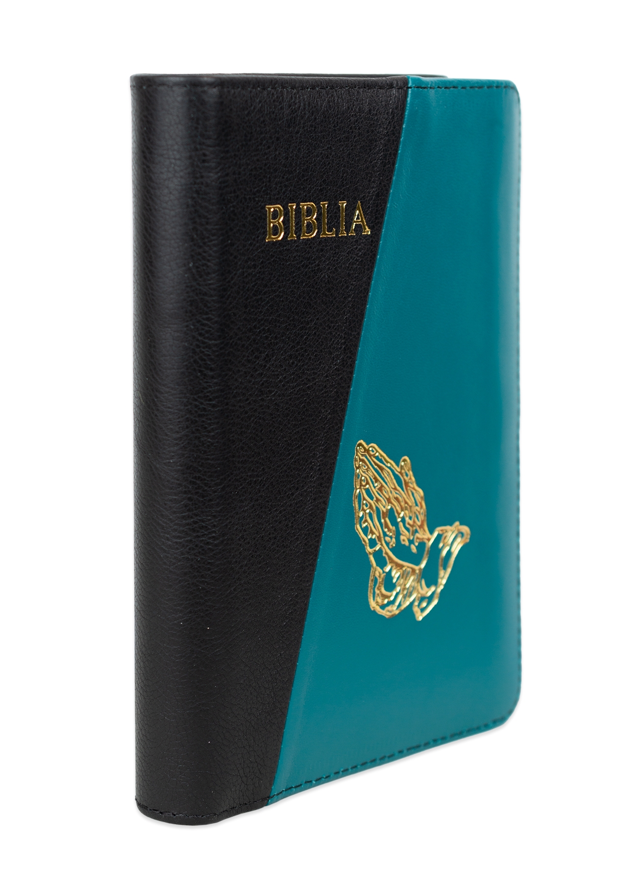 Biblie din piele, marime medie, culoare, negru cu albastru turcoaz, fermoar, margini albe, simbol maini in rugaciune,  cuv. lui Isus cu rosu [053]