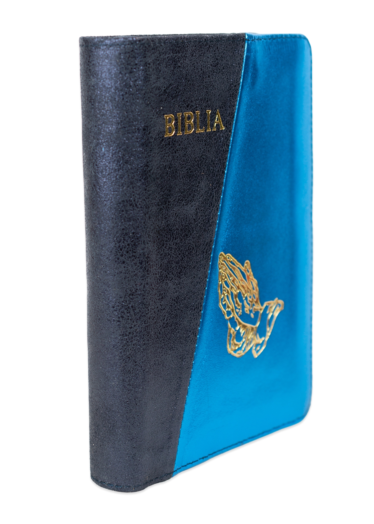Biblie din piele, marime medie, culoare, bleumarin închis sidefat cu albastru sidefat, fermoar, margini albe, simbol maini in rugaciune,  cuv. lui Isus cu rosu [053]