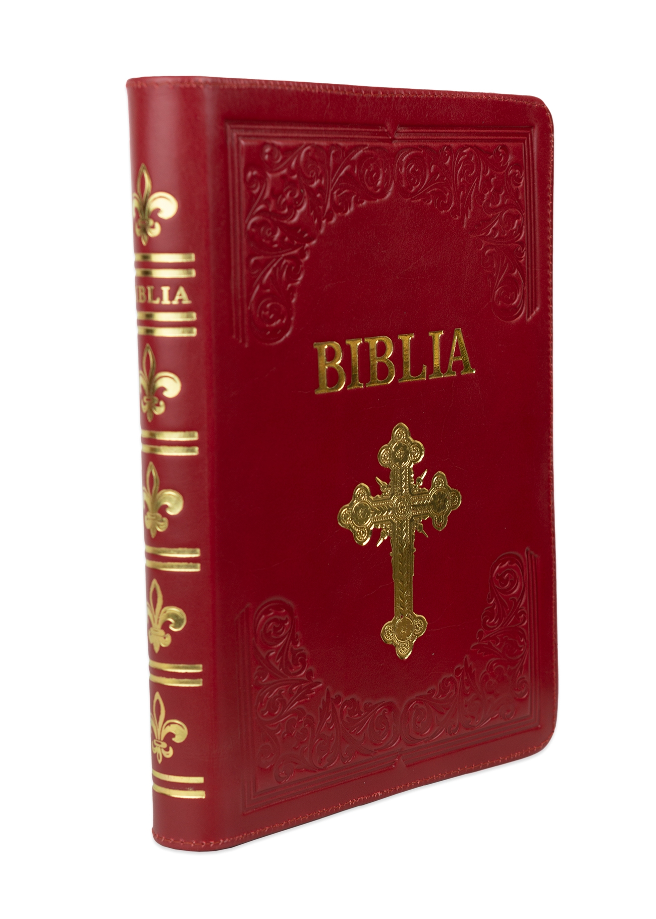 Biblie mare, piele, handmade, roșu închis, index, margini aurii,  cuv. Isus cu rosu [SI 076 HM]