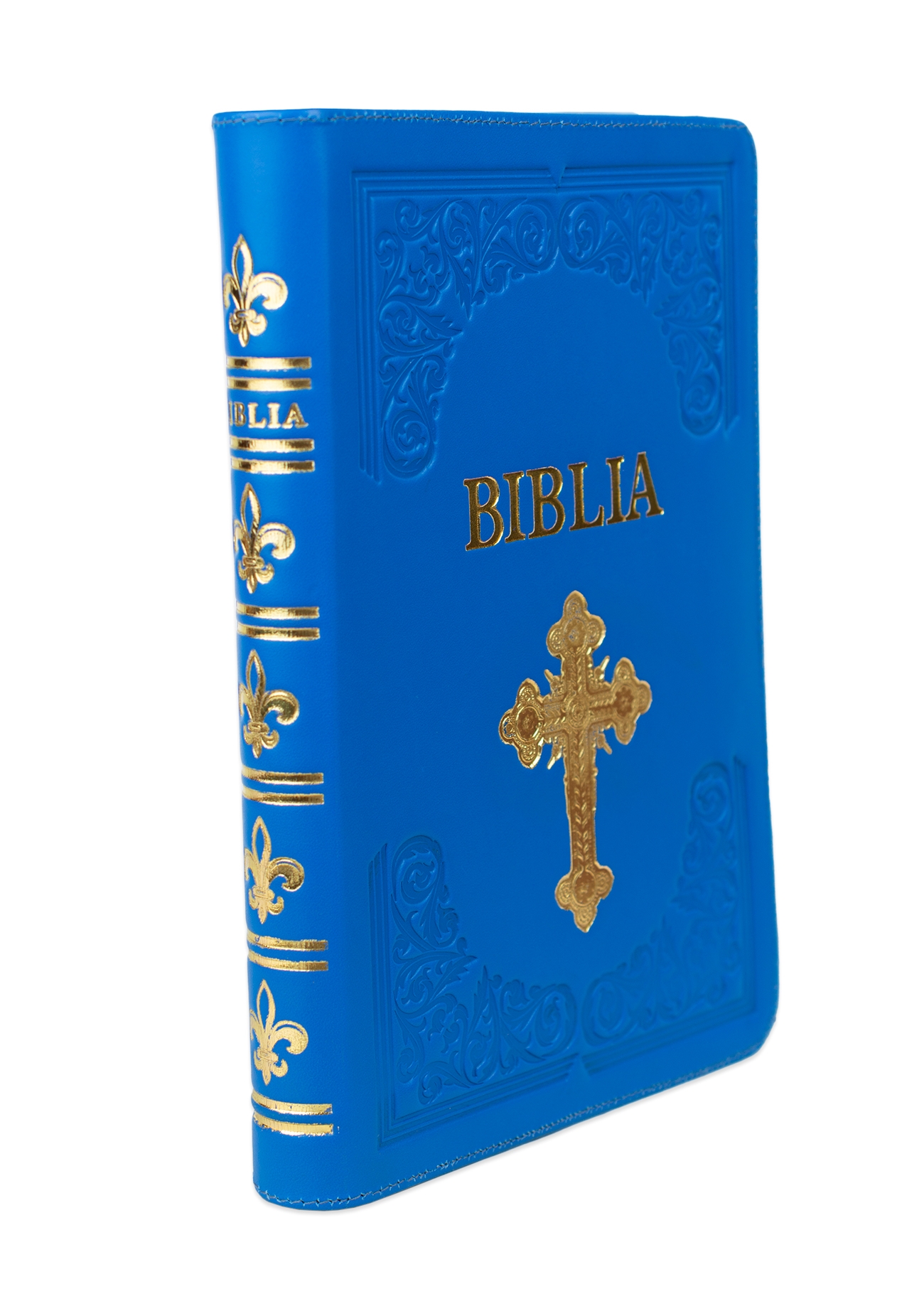 Biblie mare, piele, handmade, albastru deschis, index, margini aurii,  cuv. Isus cu rosu [SI 076 HM]