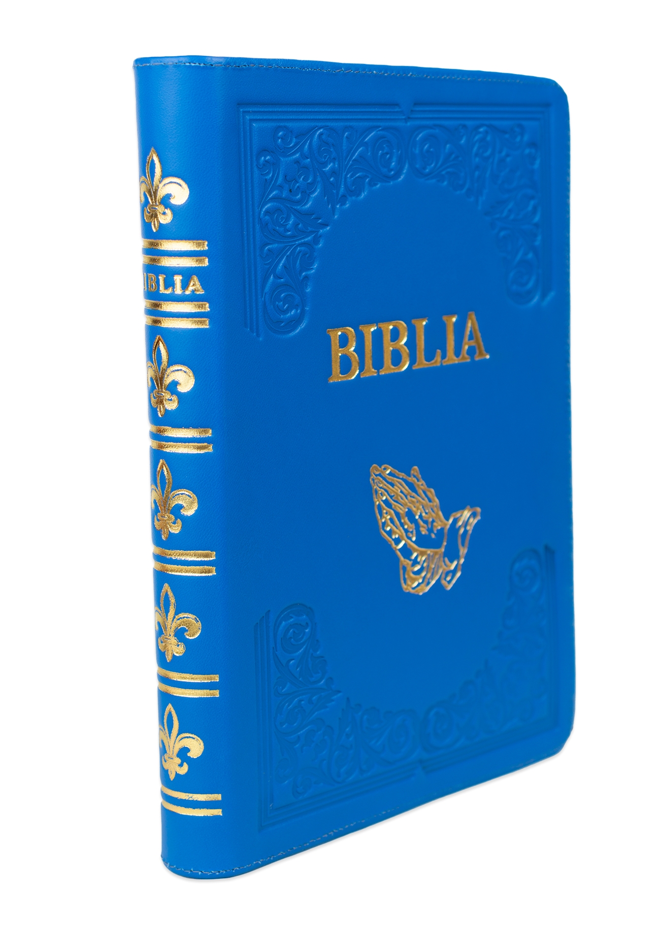 Biblie mare, piele, handmade, albastru deschis, index, margini aurii,  cuv. Isus cu rosu [SI 076 HM]