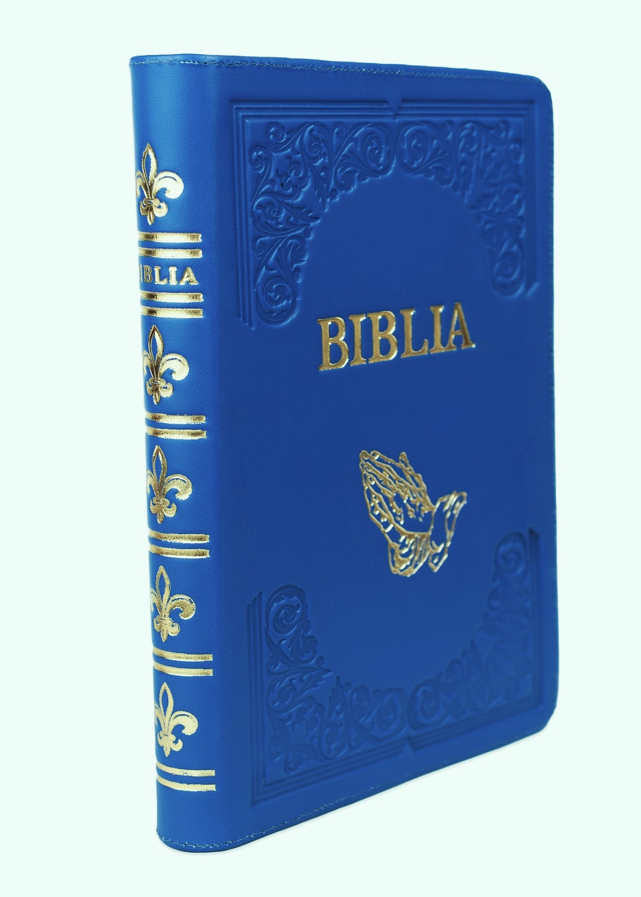 Biblie mare, piele, handmade,  albastră, simbol mâini în rugăciune, index, margini aurii,  cuv. Isus cu rosu [SI 076 HM]