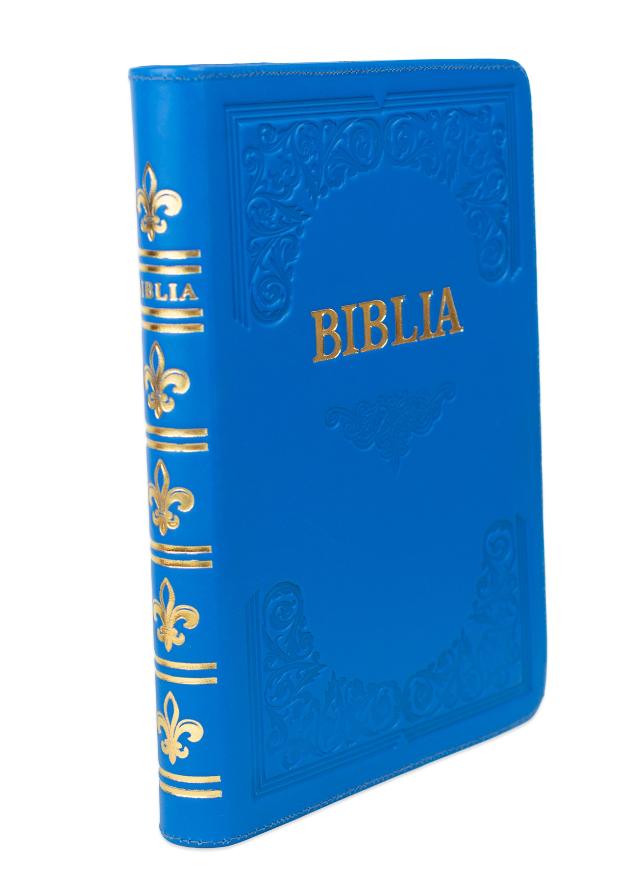 Biblie mare, piele, handmade, albastru deschis, margini aurii,  cuv. Isus cu rosu [SI 076 HM]