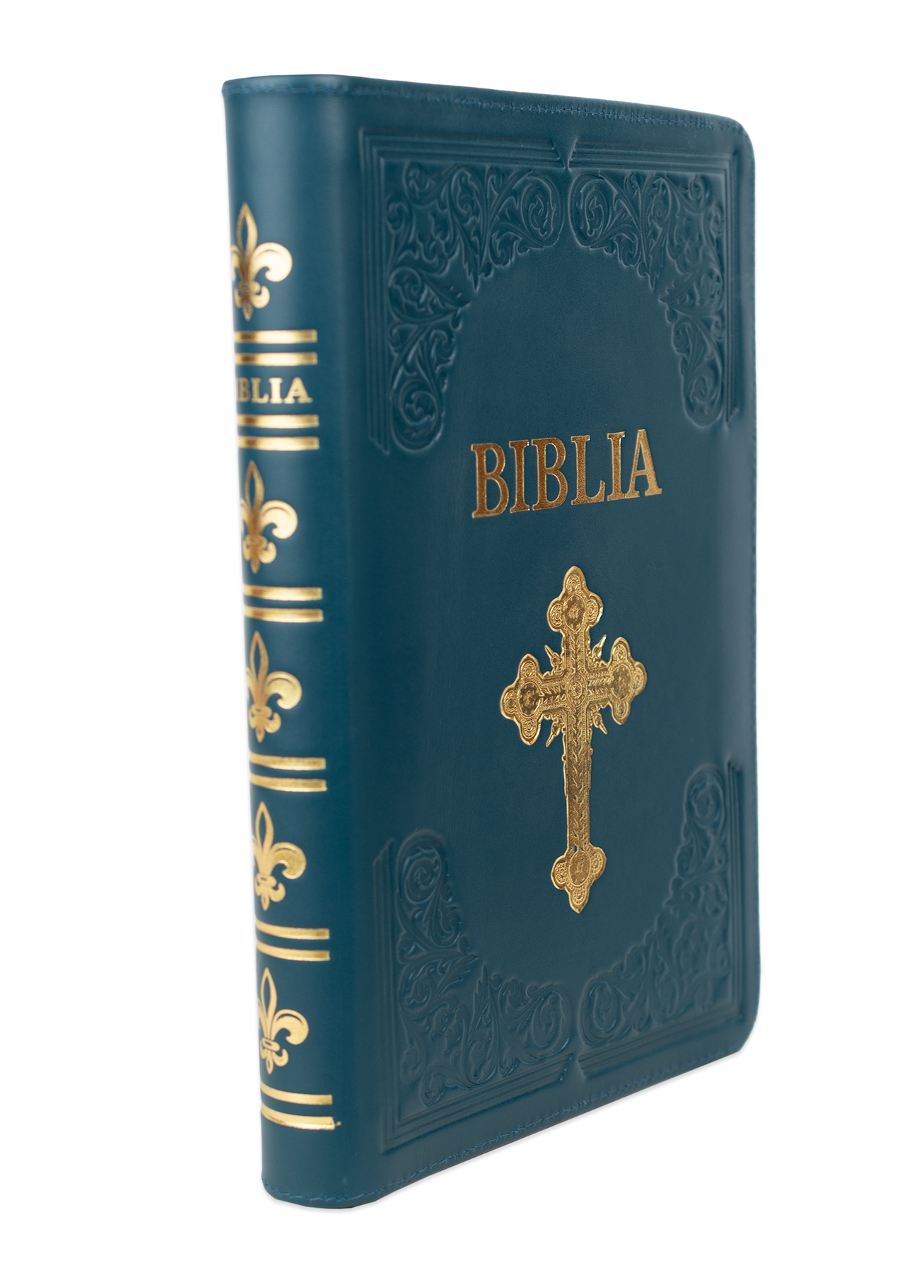 Biblie mare, piele, handmade, verde turcoaz închis, index, margini aurii,  cuv. Isus cu rosu [SI 076 HM]