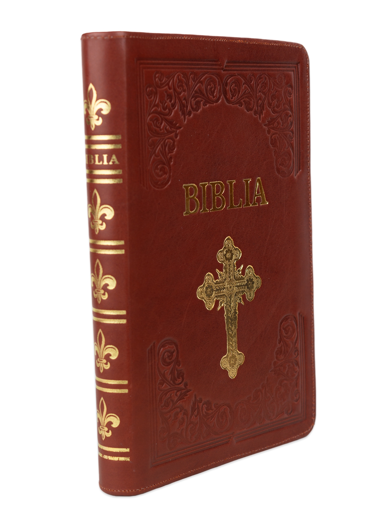 Biblie mare, piele, handmade, maro roșcat, index, margini aurii,  cuv. Isus cu rosu [SI 076 HM]