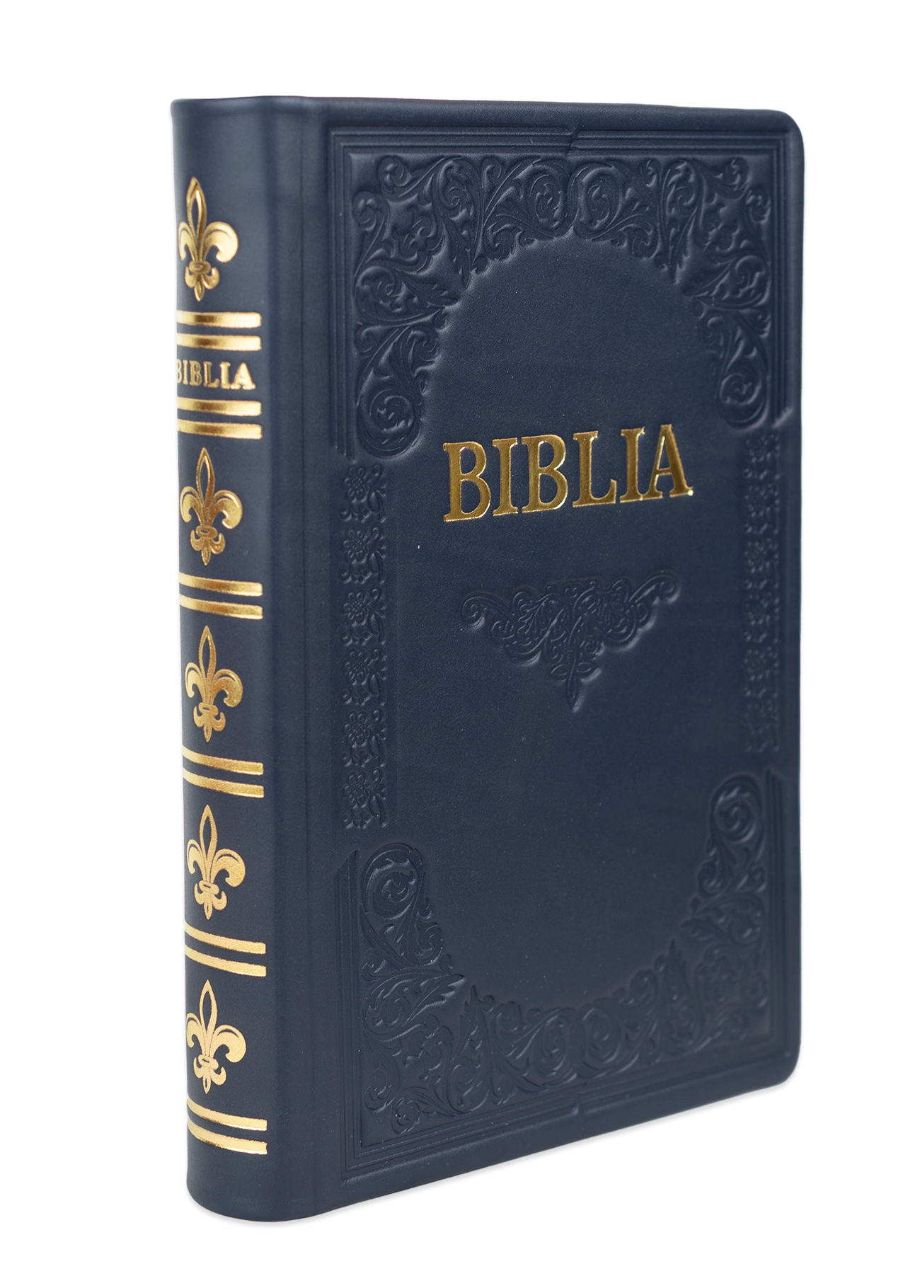 Biblie mare, piele, handmade, bleumarin închis, index, margini aurii,  cuv. Isus cu rosu [SI 076 HM]