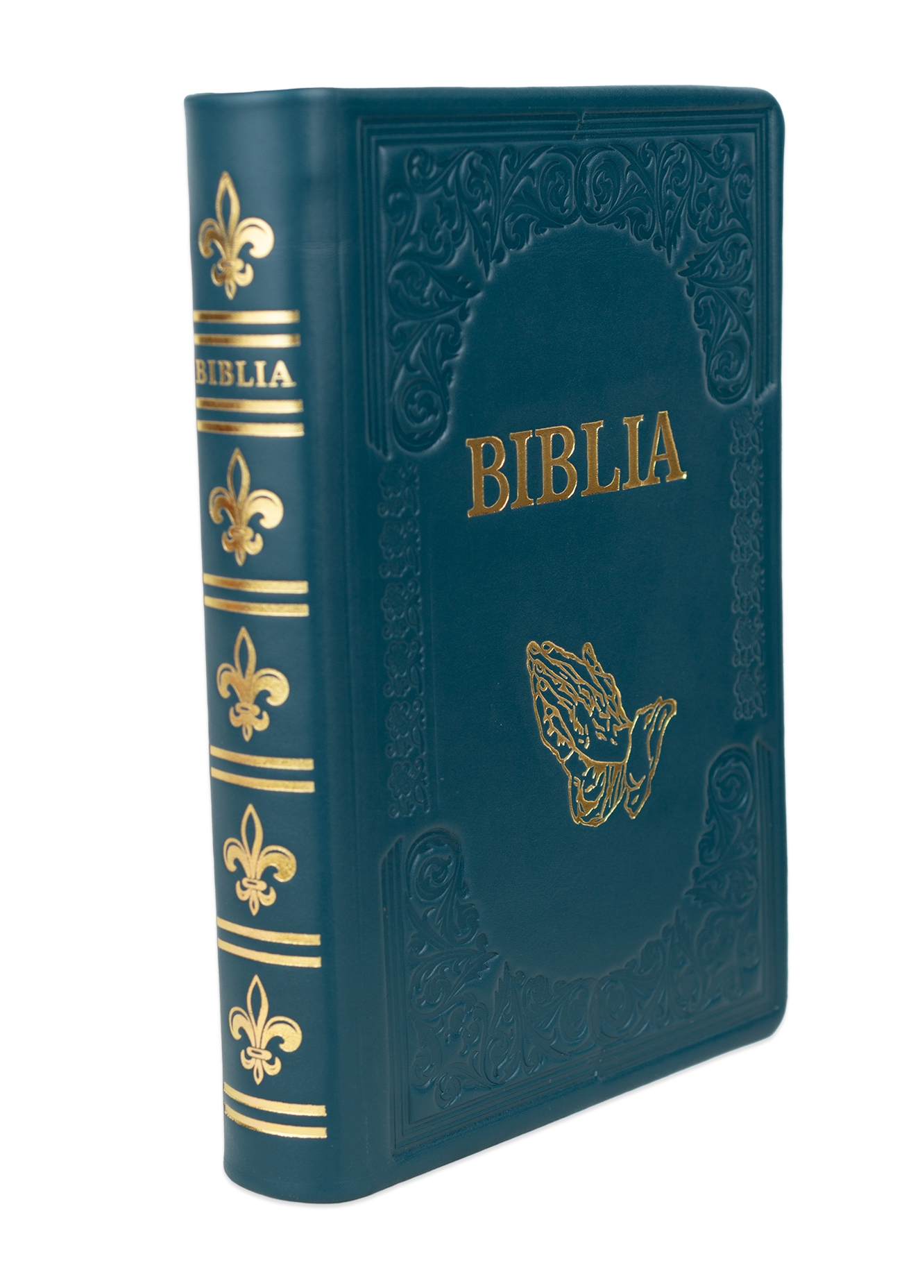 Biblie mare, piele, handmade, verde turcoaz închis, simbol mâini în rugăciune, index, margini aurii,  cuv. Isus cu rosu [SI 076 HM]