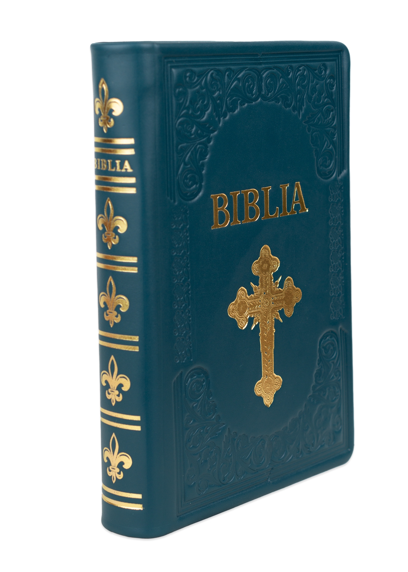 Biblie mare, piele, handmade, verde turcoaz închis, simbol cruce,  index, margini aurii,  cuv. Isus cu rosu [SI 076 HM]