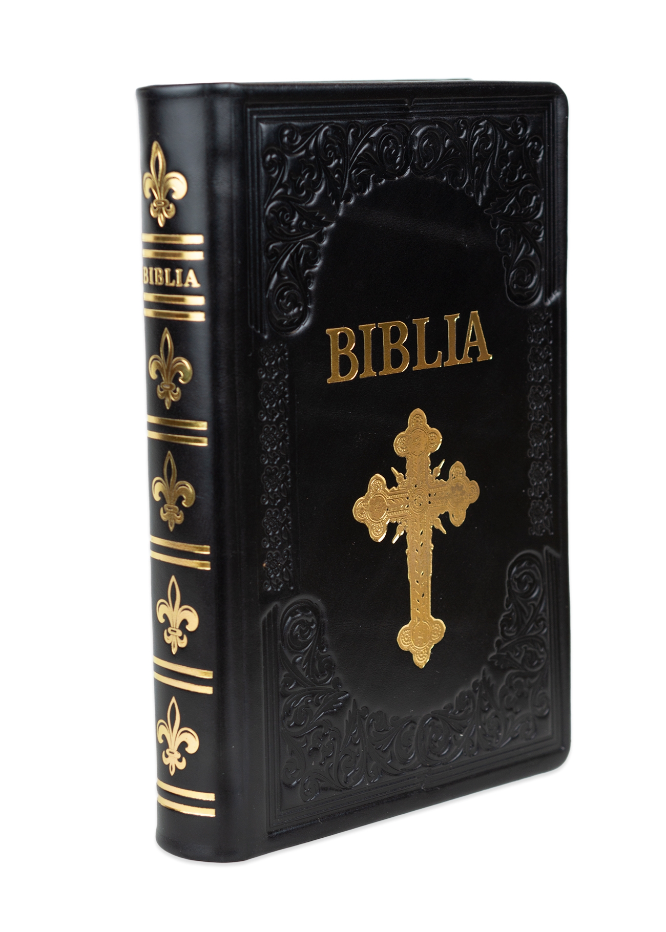 Biblie mare, piele, handmade, neagră, simbol cruce,  index, margini aurii,  cuv. Isus cu rosu [SI 076 HM]