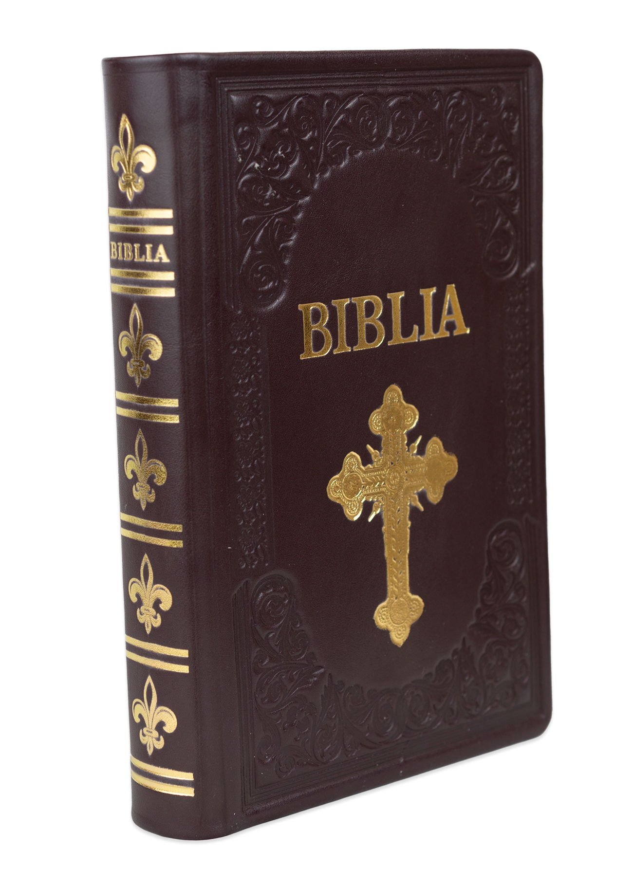 Biblie mare, piele, handmade,  bordo închis, simbol cruce,  index, margini aurii,  cuv. Isus cu rosu [SI 076 HM]