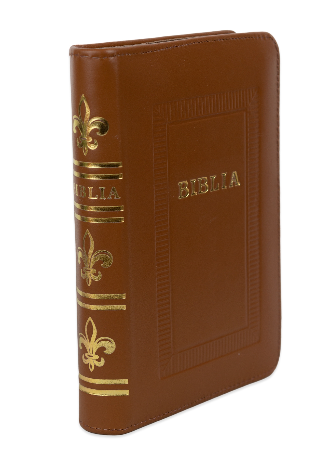 Biblie marime mica, piele, hand made, culoare maro, index, fermoar, margini aurii, cuv. lui Isus cu rosu [047 HM]