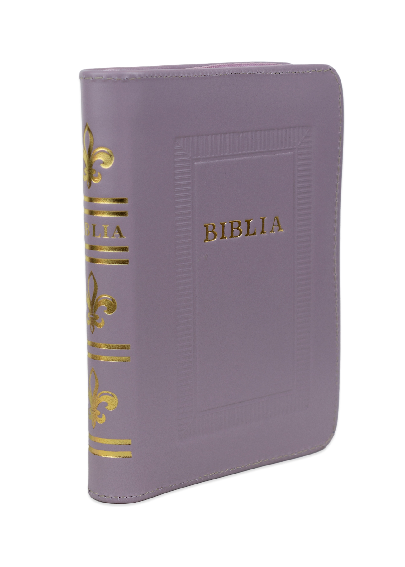 Biblie marime mica, piele, hand made, culoare mov deschis, index, fermoar, margini aurii, cuv. lui Isus cu rosu [047 HM]