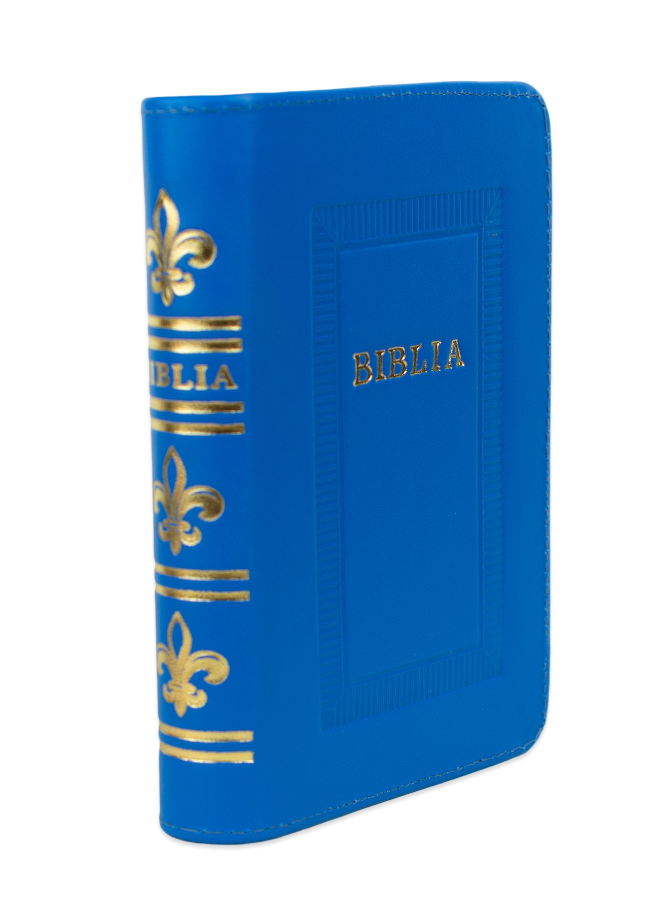 Biblie marime mica, piele, hand made, culoare albastru deschis, index, fermoar, margini aurii, cuv. lui Isus cu rosu [047 HM]