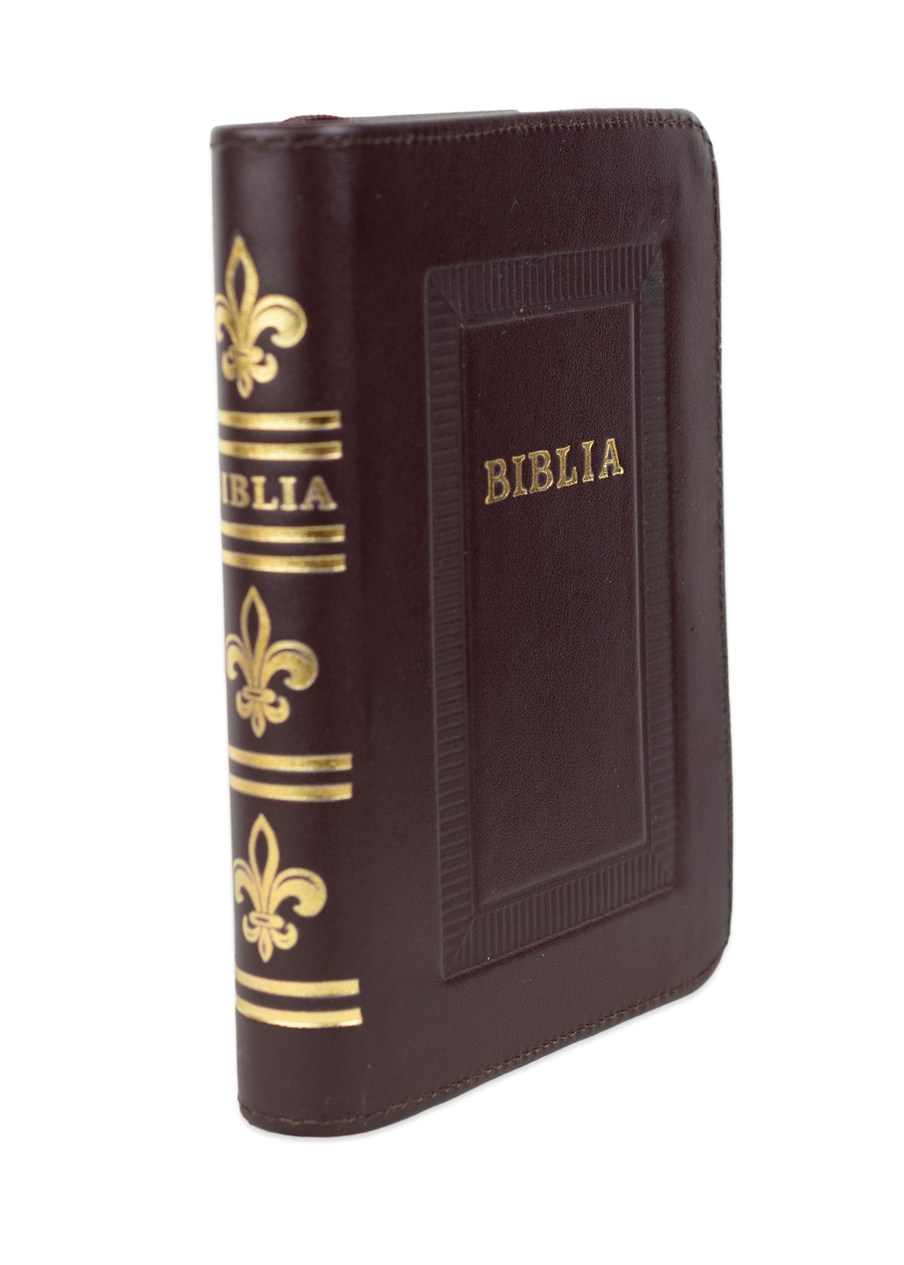 Biblie marime mica, piele, hand made, culoare bordo închis, index, fermoar, margini aurii, cuv. lui Isus cu rosu [047 HM]