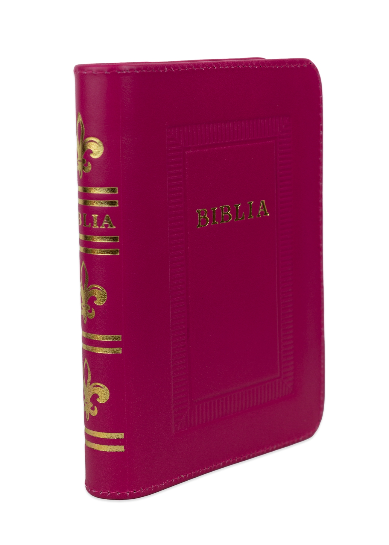 Biblie marime mica, piele, hand made, culoare roz  închis, index, fermoar, margini aurii, cuv. lui Isus cu rosu [047 HM]