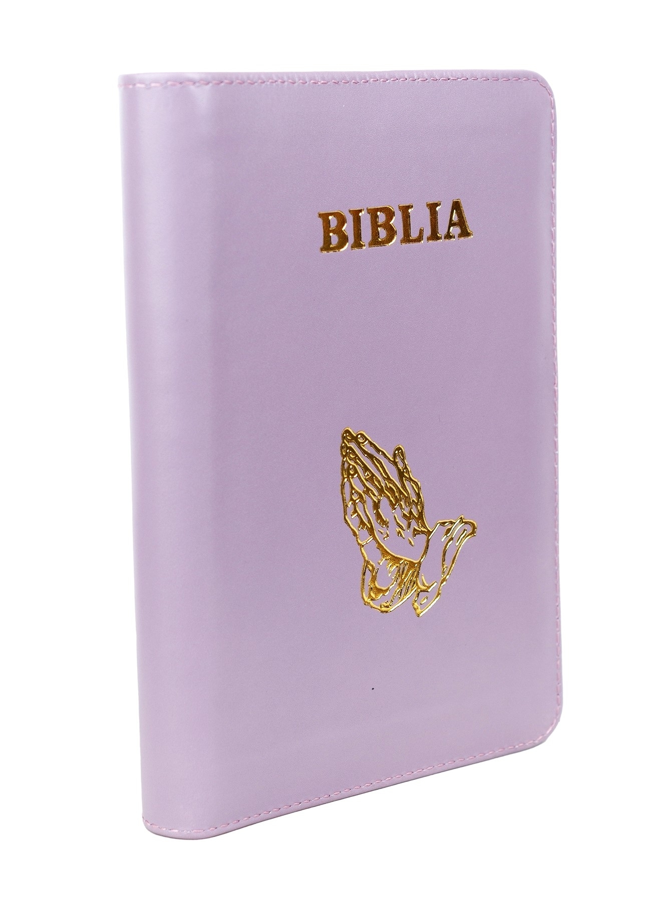 Biblia mica, coperta piele, culoare,  mov deschis, index, fermoar, margini aurii,  simbolul maini, cuv. lui Isus in rosu [047 PFI]