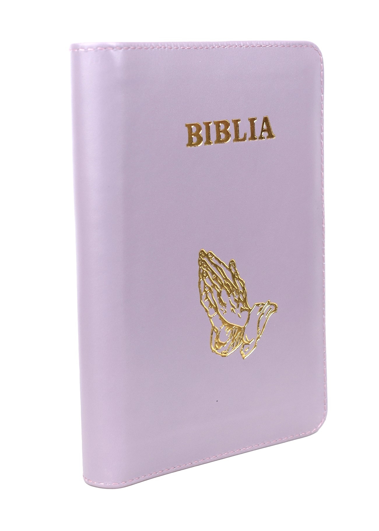 Biblie din piele, marime medie, culoare, mov dechis, simbol maini in rugaciune, fermoar, index, margini aurii, cuv. lui Isus cu rosu [SB 057 PFI]