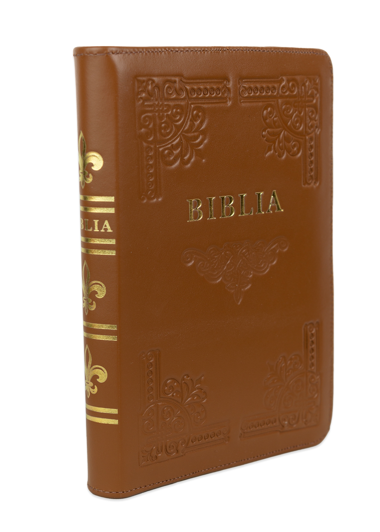 Biblia din piele, handmade, marime medie, culoare maro, fermoar,margini aurii cu index, cuv. lui Isus cu rosu [057 HM]