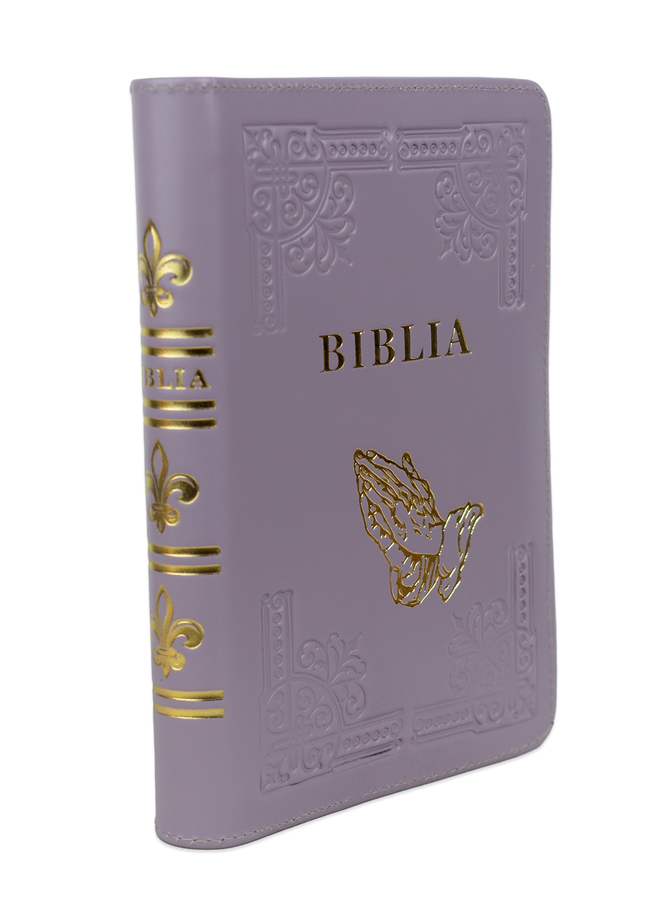 Biblia din piele, handmade, marime medie, culoare mov deschis, fermoar, simbol maini in rugaciune, margini aurii cu index, cuv. lui Isus cu rosu [057 HM]