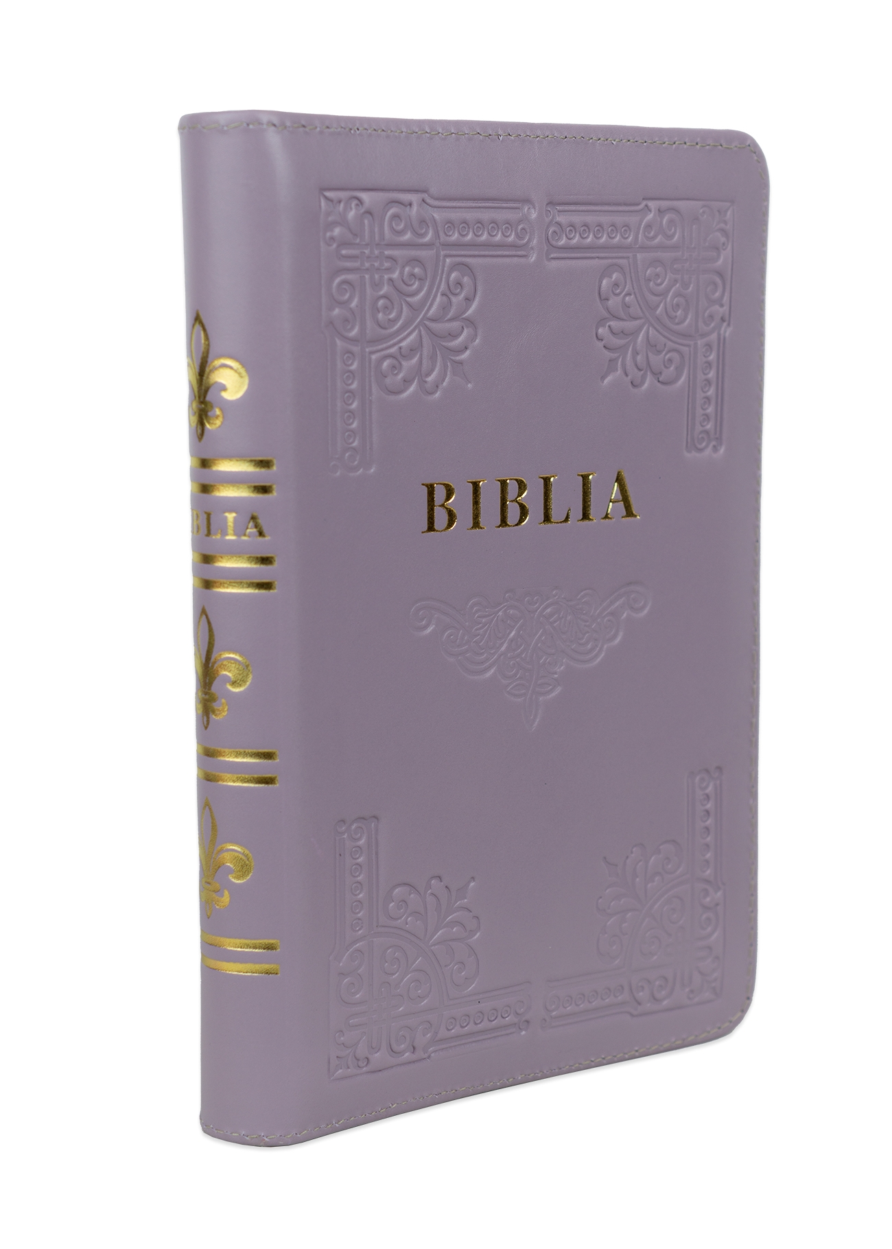 Biblia din piele, handmade, marime medie, culoare mov deschis, fermoar,margini aurii cu index, cuv. lui Isus cu rosu [057 HM]