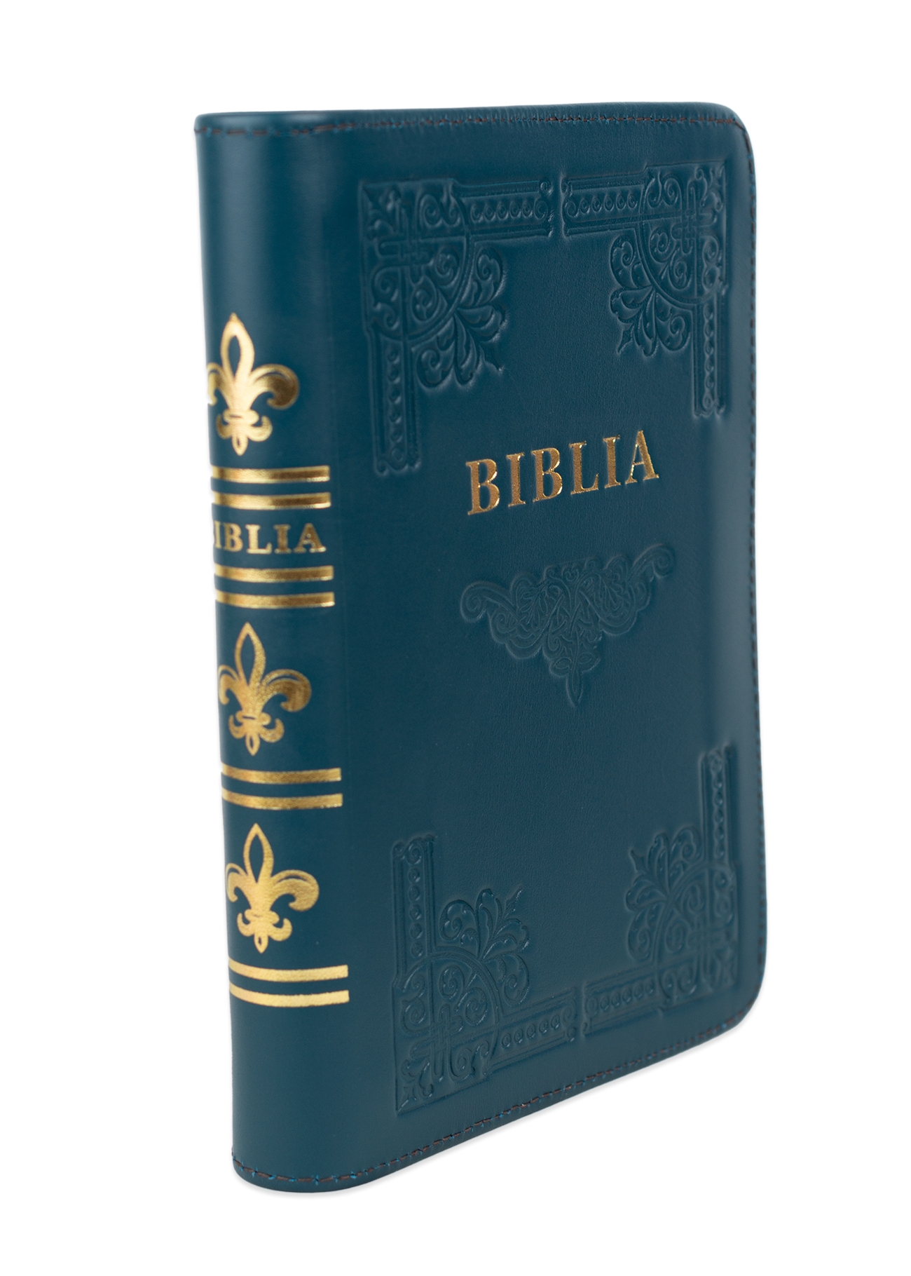 Biblia din piele, handmade, marime medie, culoare verde turcoaz închis, fermoar,margini aurii cu index, cuv. lui Isus cu rosu [057 HM]