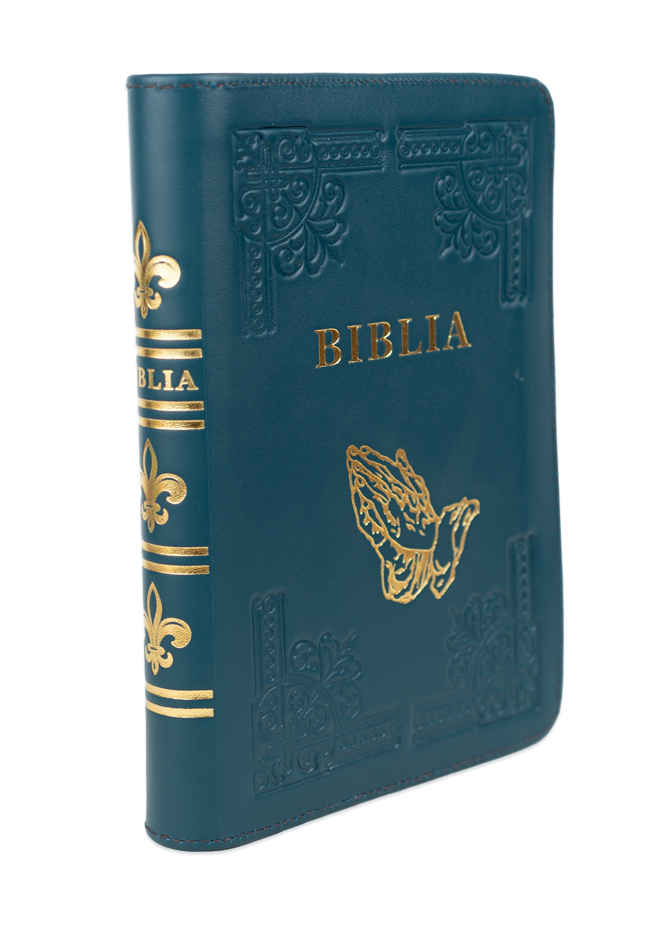 Biblia din piele, handmade, marime medie, culoare verde turcoaz închis, fermoar, simbol maini in rugaciune, margini aurii cu index, cuv. lui Isus cu rosu [057 HM]