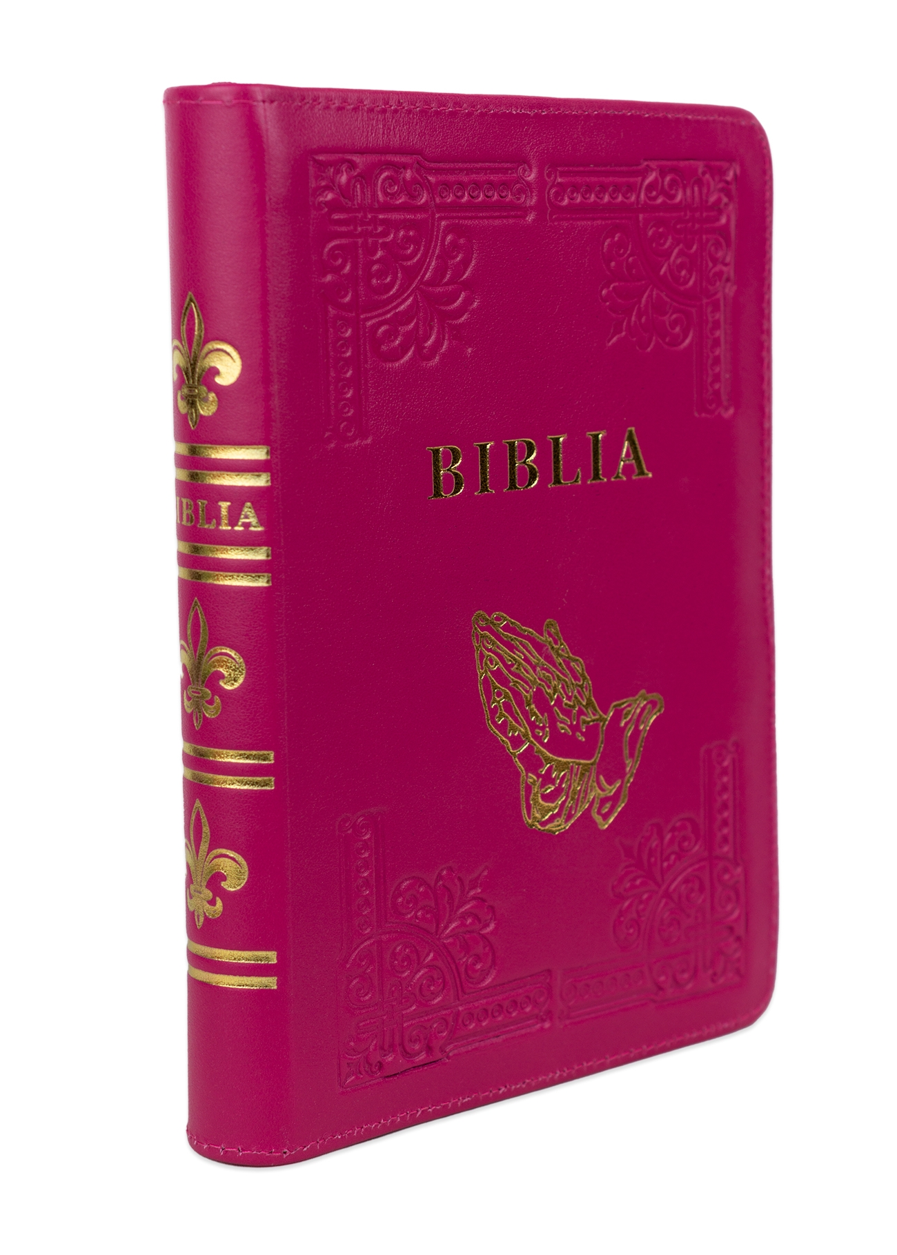 Biblia din piele, handmade, marime medie, culoare roz închis, fermoar, simbol maini in rugaciune, margini aurii cu index, cuv. lui Isus cu rosu [057 HM]