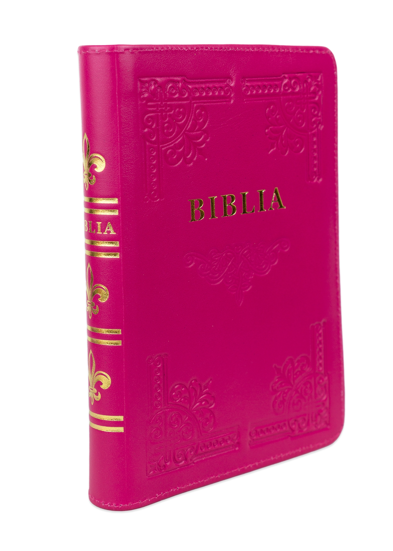 Biblia din piele, handmade, marime medie, culoare roz închis, fermoar,margini aurii cu index, cuv. lui Isus cu rosu [057 HM]