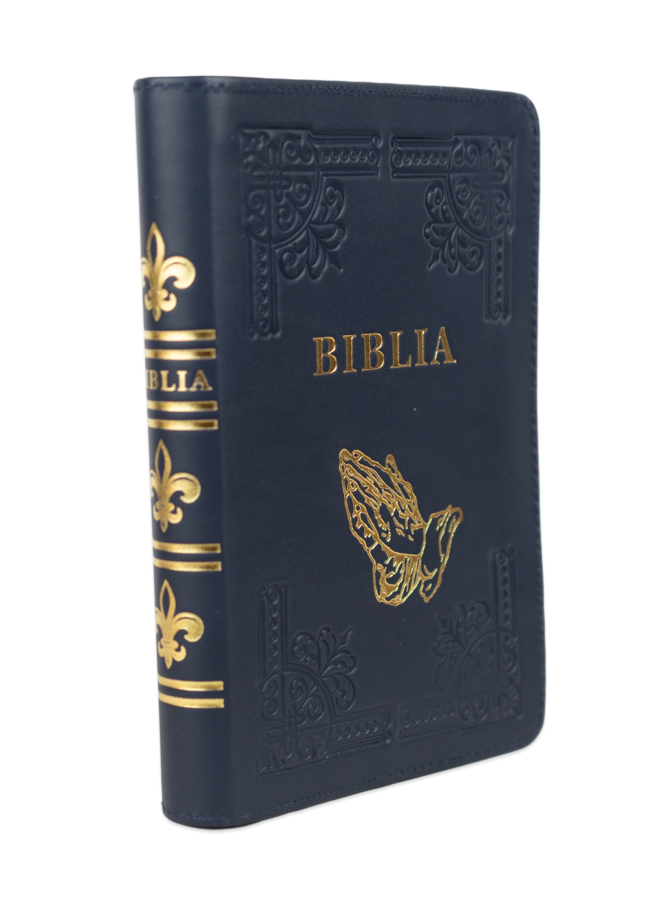 Biblia din piele, handmade, marime medie, culoare bleumarin închis, fermoar, simbol maini in rugaciune, margini aurii cu index, cuv. lui Isus cu rosu [057 HM]