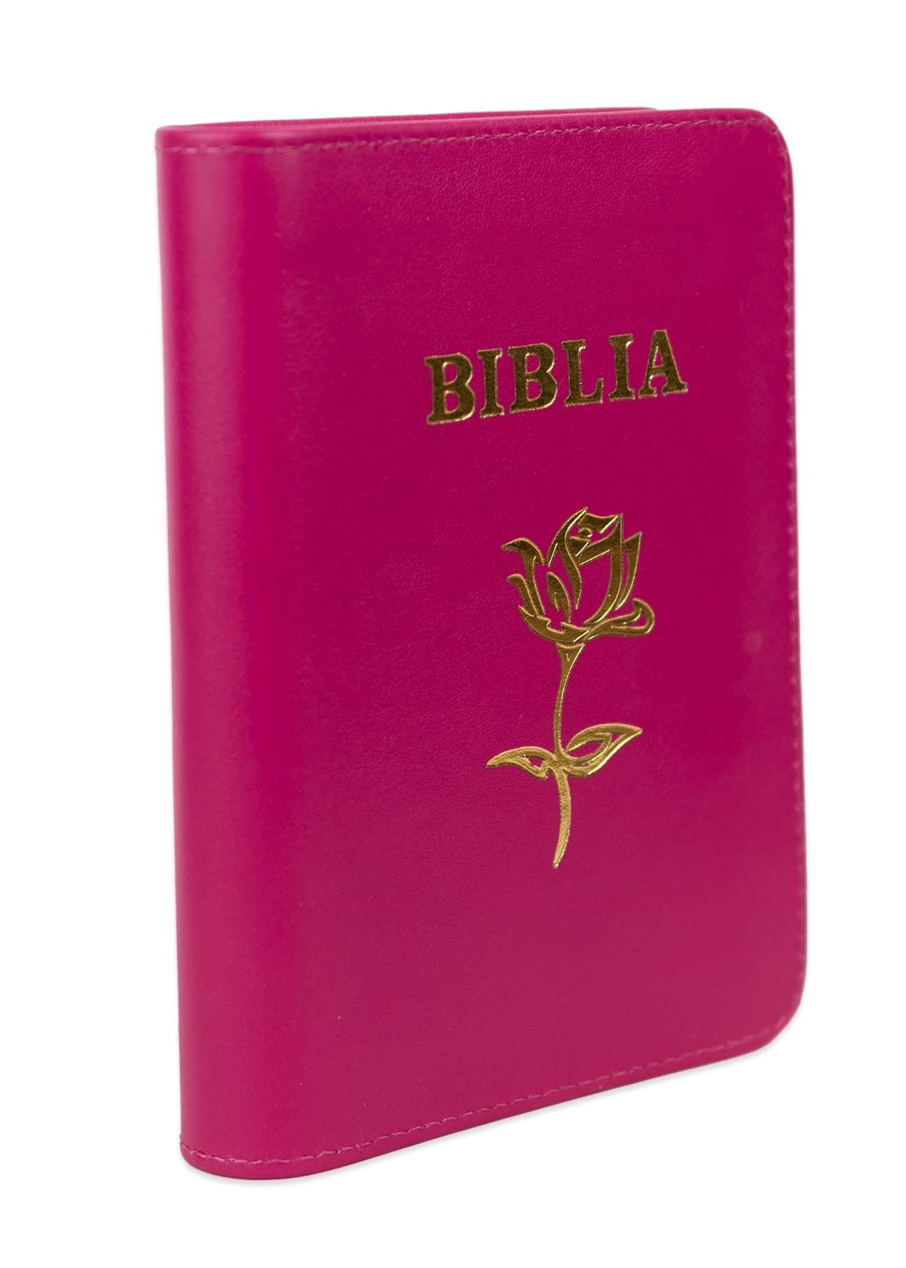 Biblia mica, coperta piele, roz închis, index, fermoar, margini aurii, simbol floral, cuv. lui Isus in rosu [047 PFI]